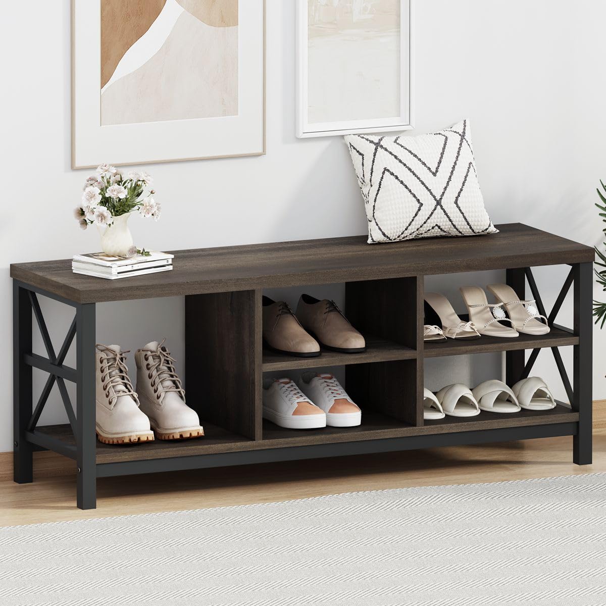 FATORRI Entryway Bench with Storage, 41 Inch Shoe Storage Bench, Industrial Wood Shoe Bench for Entry Way, Living Room, Bedroom and Mudroom (Black)