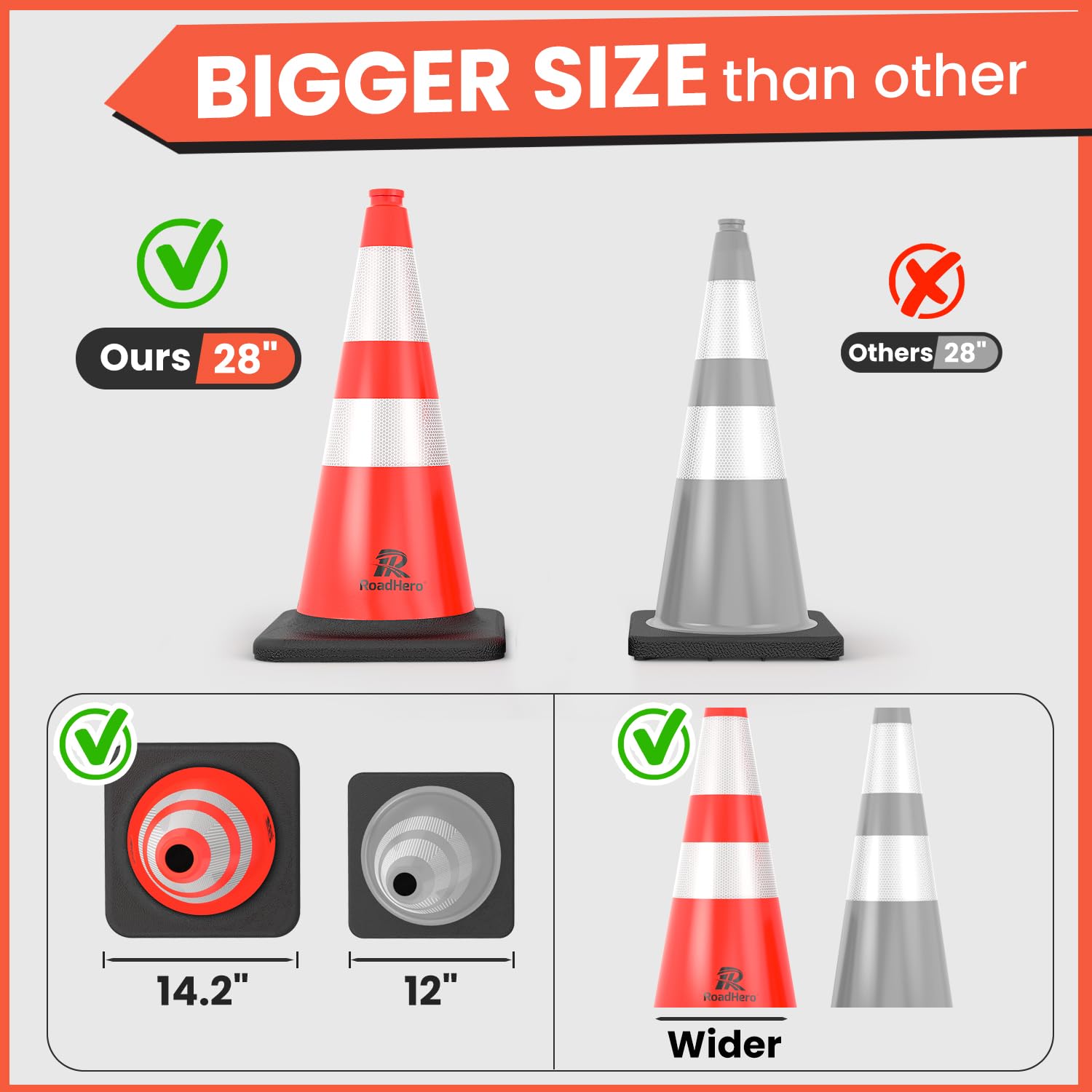RoadHero 4 Pack Traffic Safety Cones 18 Inch with Black Weighted Base, Plastic PVC Cone, Orange Cones with Reflective Collar, Cones for Parking Lot, Construction Events, Road Safety
