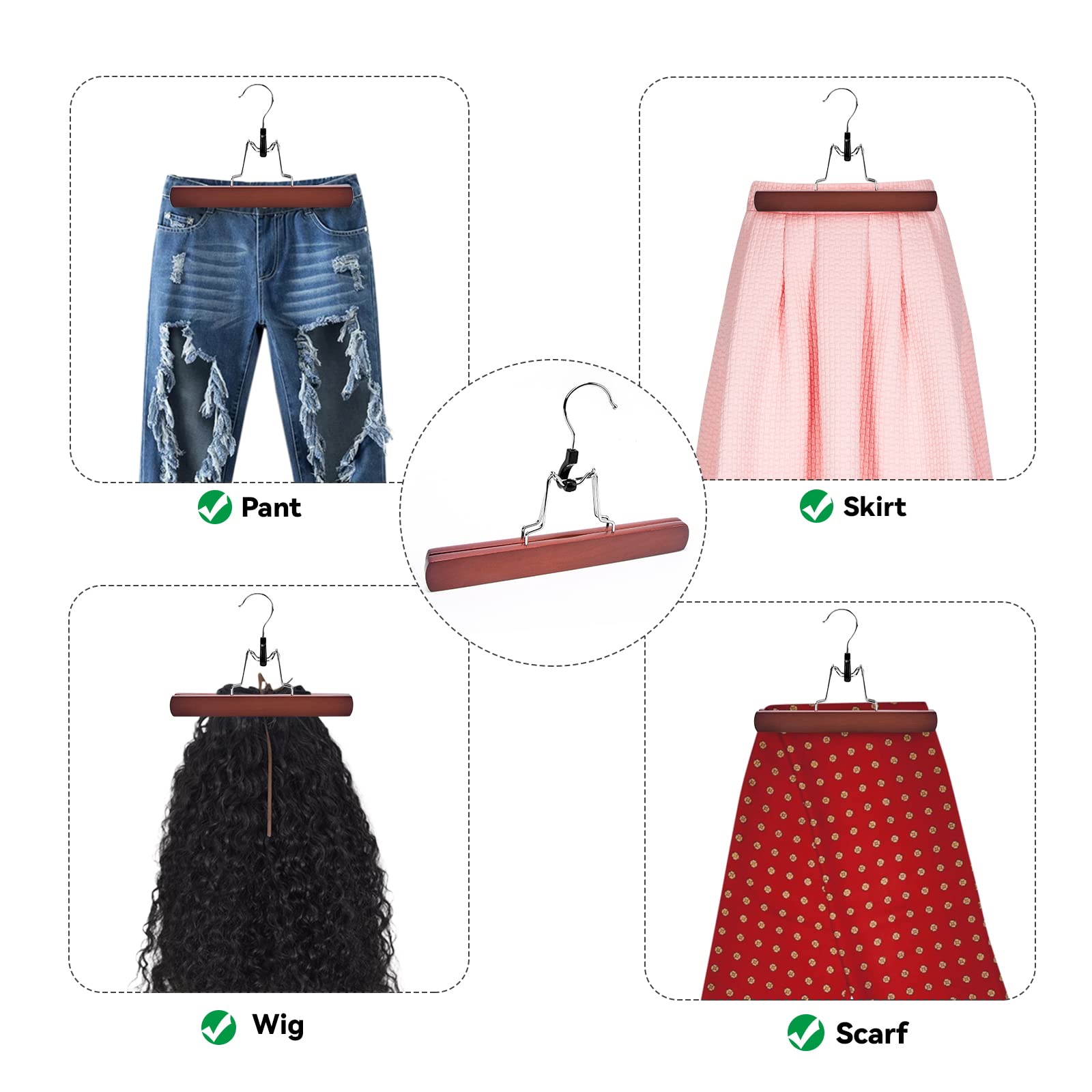 Nature Smile Wooden Pants Skirt Hangers, Smooth Finish Solid Wood Non Slip Jeans Slack Clamp Hangers Hair Extension Hangers (10 Pack Cherry)…
