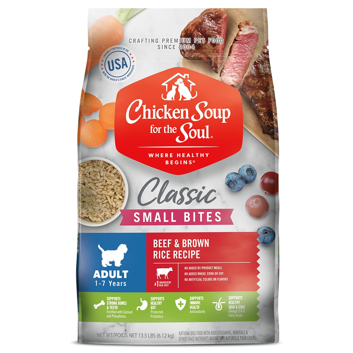 Chicken Soup for The Soul All Natural Premium Small Bites Adult Dry Dog Food, Real Meat First Ingredient, No by-Products, Supports Gut & Immune Health, Beef & Brown Rice, 13.5lb
