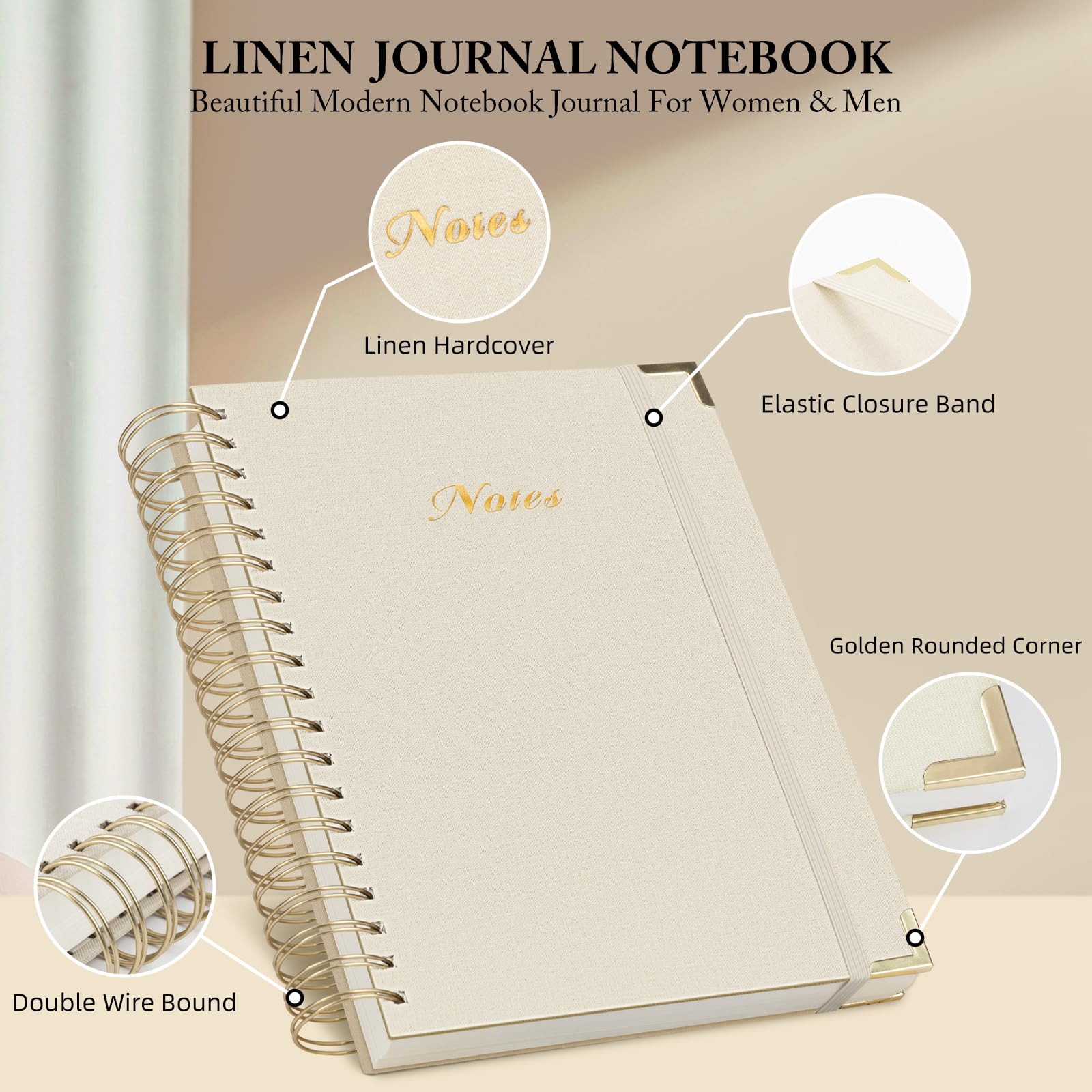 Spiral Notebook Journal, 328 Pages Linen Hardcover College Ruled Notebook, Lined Thick Journals for Women Men, A4 Thick Spiral Journal for Writing, 100GSM Paper, Cute Notebooks for Work School