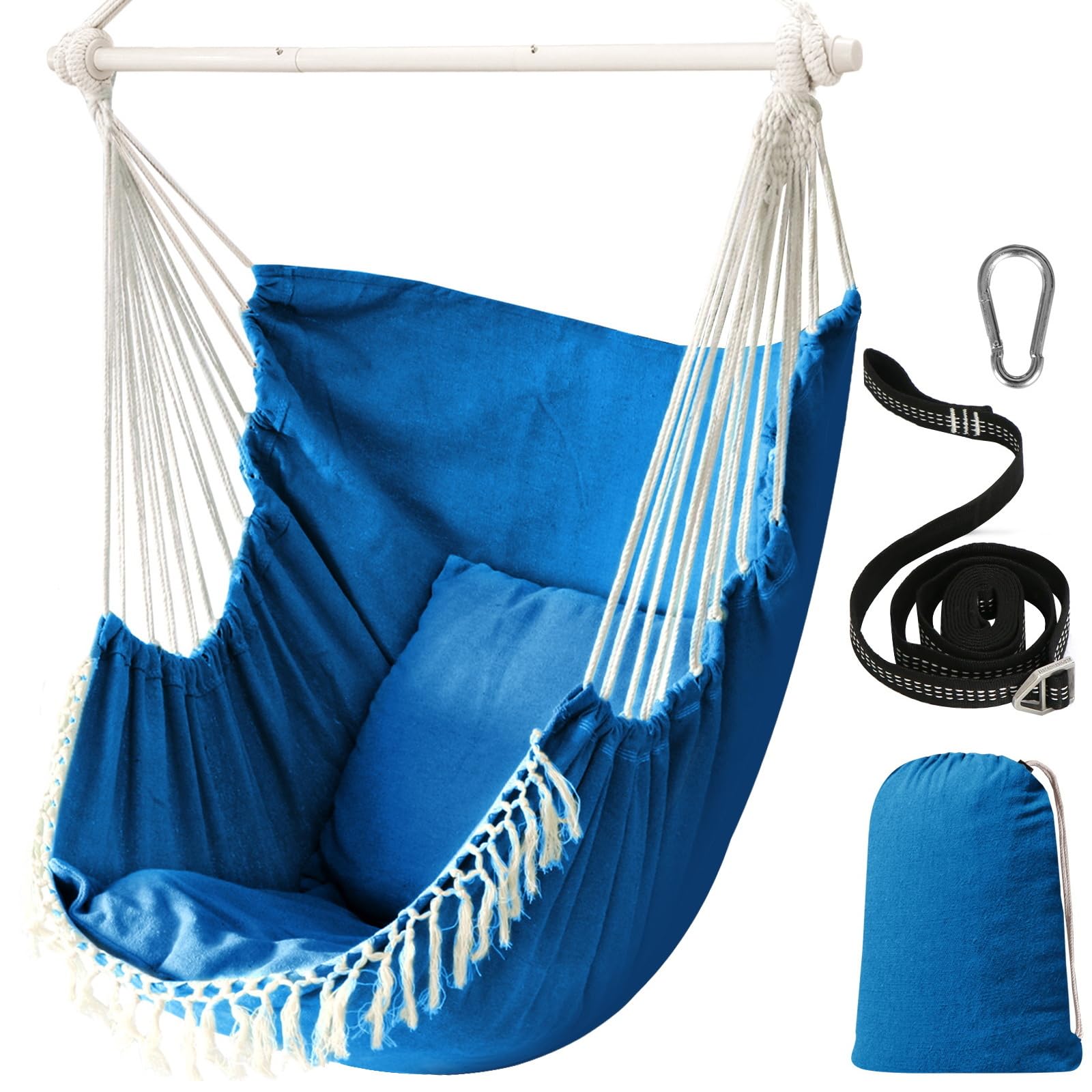 Chihee Hammock Chair Hanging Swing Max 500 Lbs 2 Cushions Included Metal Spreader Bar with Anti-Slip Grooves Portable Hanging Chair Side Pocket Large Macrame Bohemian Chair Indoor Outdoor | Hanging Swing with Anti-Slip Grooves Portable Hanging Chair Side