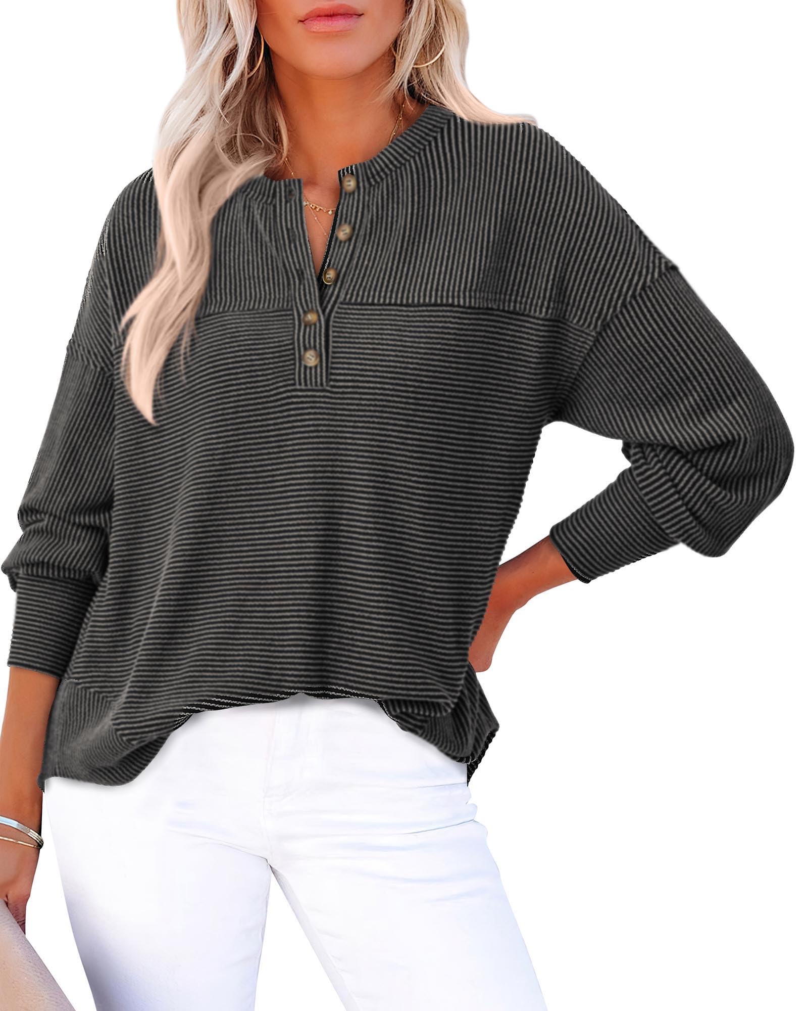 KIRUNDO Going Out Tops for Women Henley Shirts 2025 Casual Ribbed Knit Long Sleeve Tunic Summer Fall Button V Neck Blouse