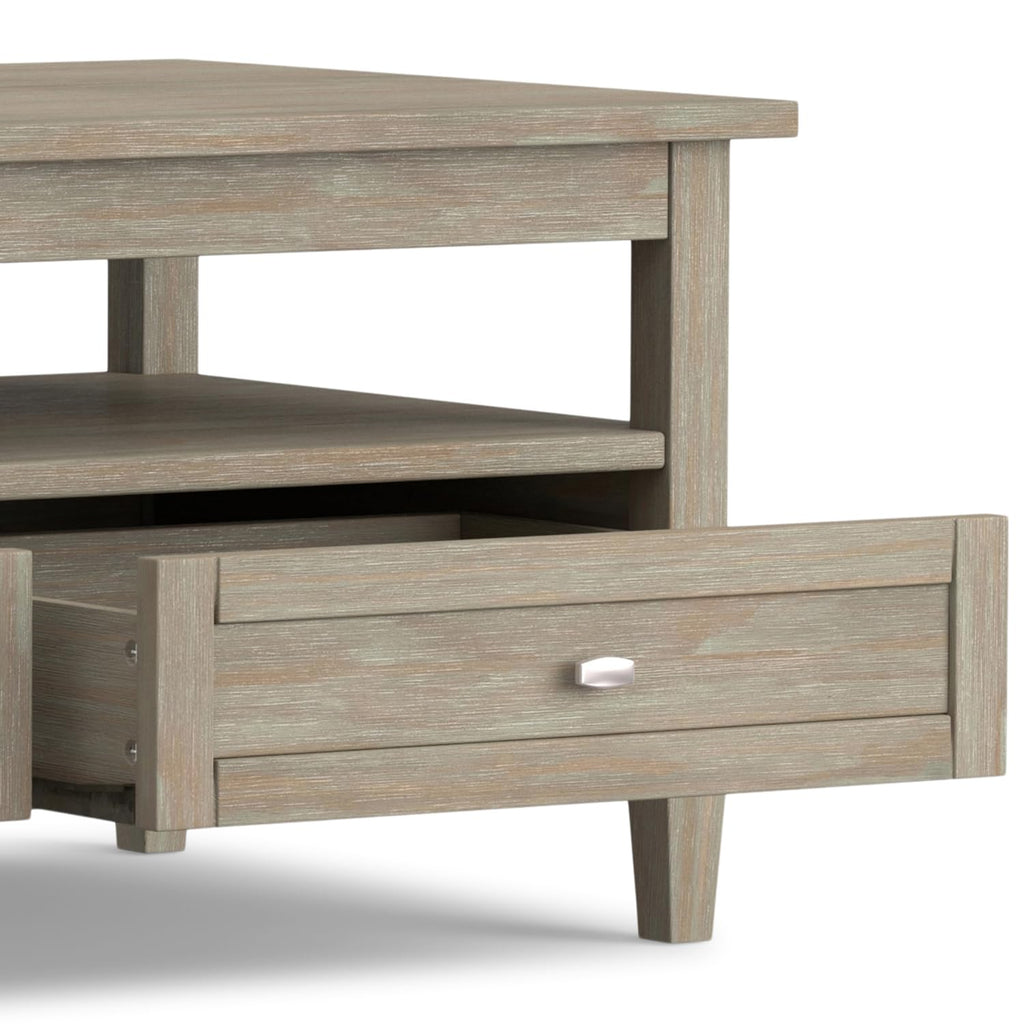 SIMPLIHOME Warm Shaker Coffee Table - 48 inch Wide Solid Wood Coffee Table in Black, Transitional Living Room Table with 2 Drawers, Open Shelf, Shaker Fronts and Tapered Legs