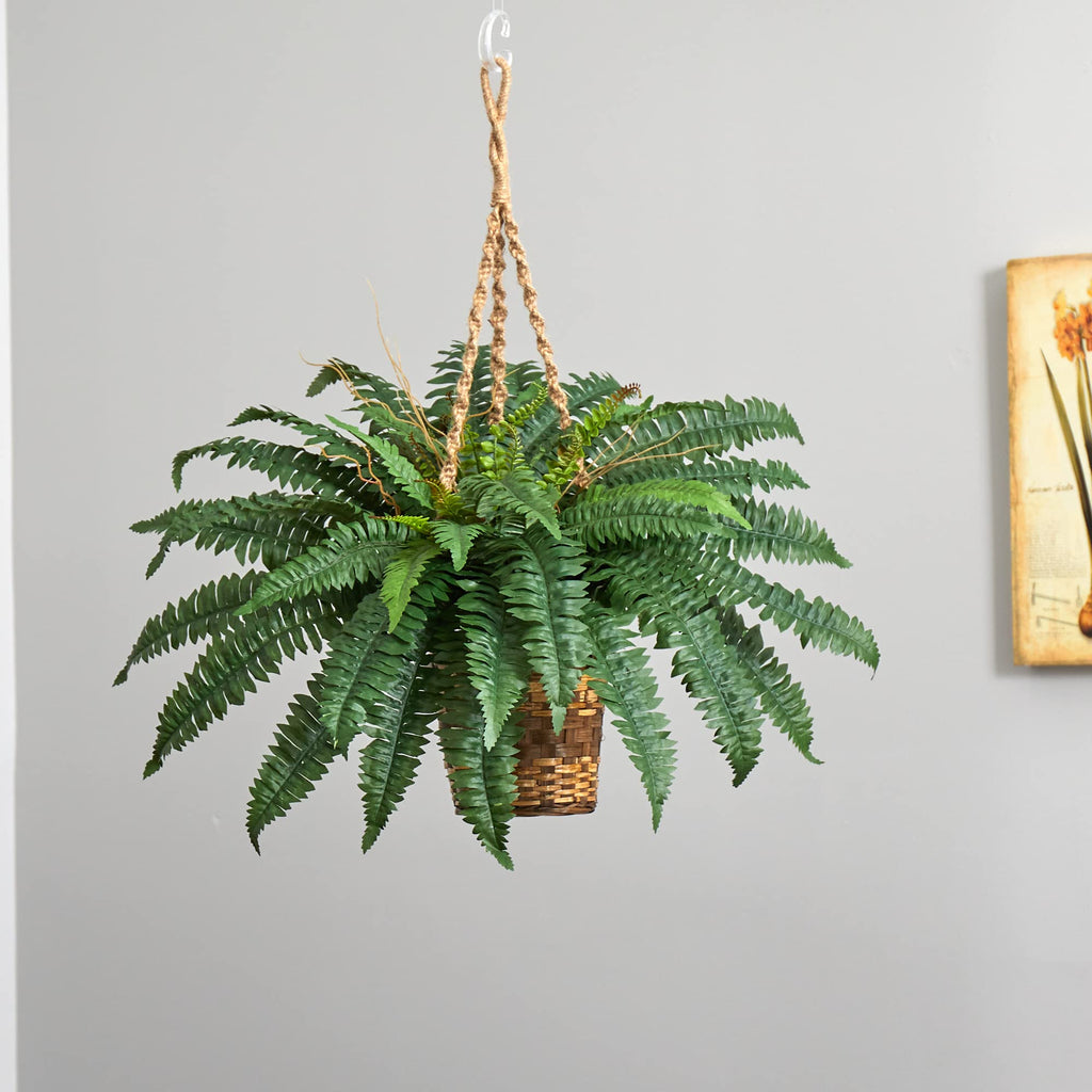 Nearly Natural 6599 18in. Boston Fern Artificial Plant in Hanging Basket, Green,29" x 29" x 18"