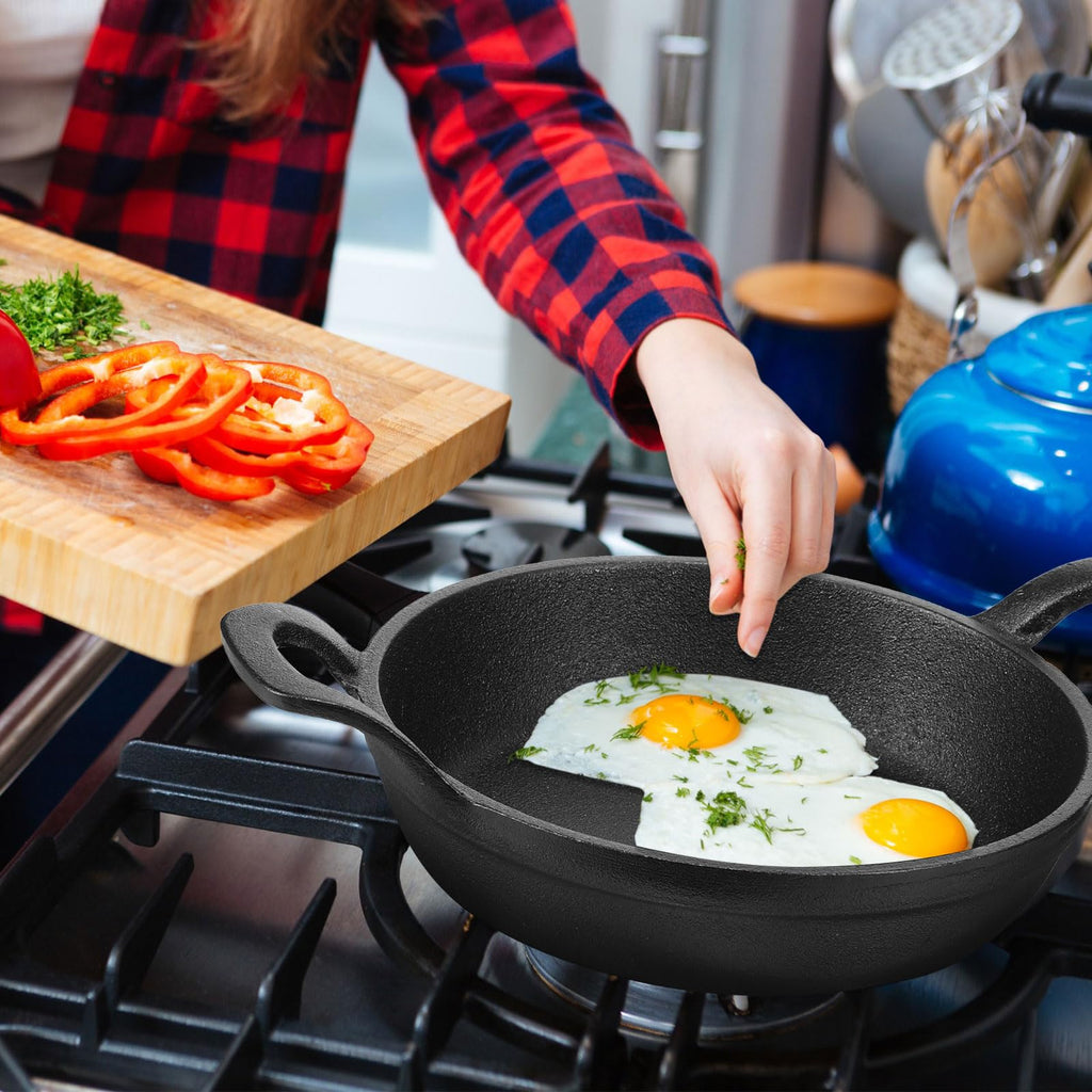 Sliner 4 Sets Mini Cast Iron Skillet Small Cast Iron Plates Skillet with Wooden Base Small Round Pan Fajita Plate Pot for Baking Cooking(3.9 Inch)