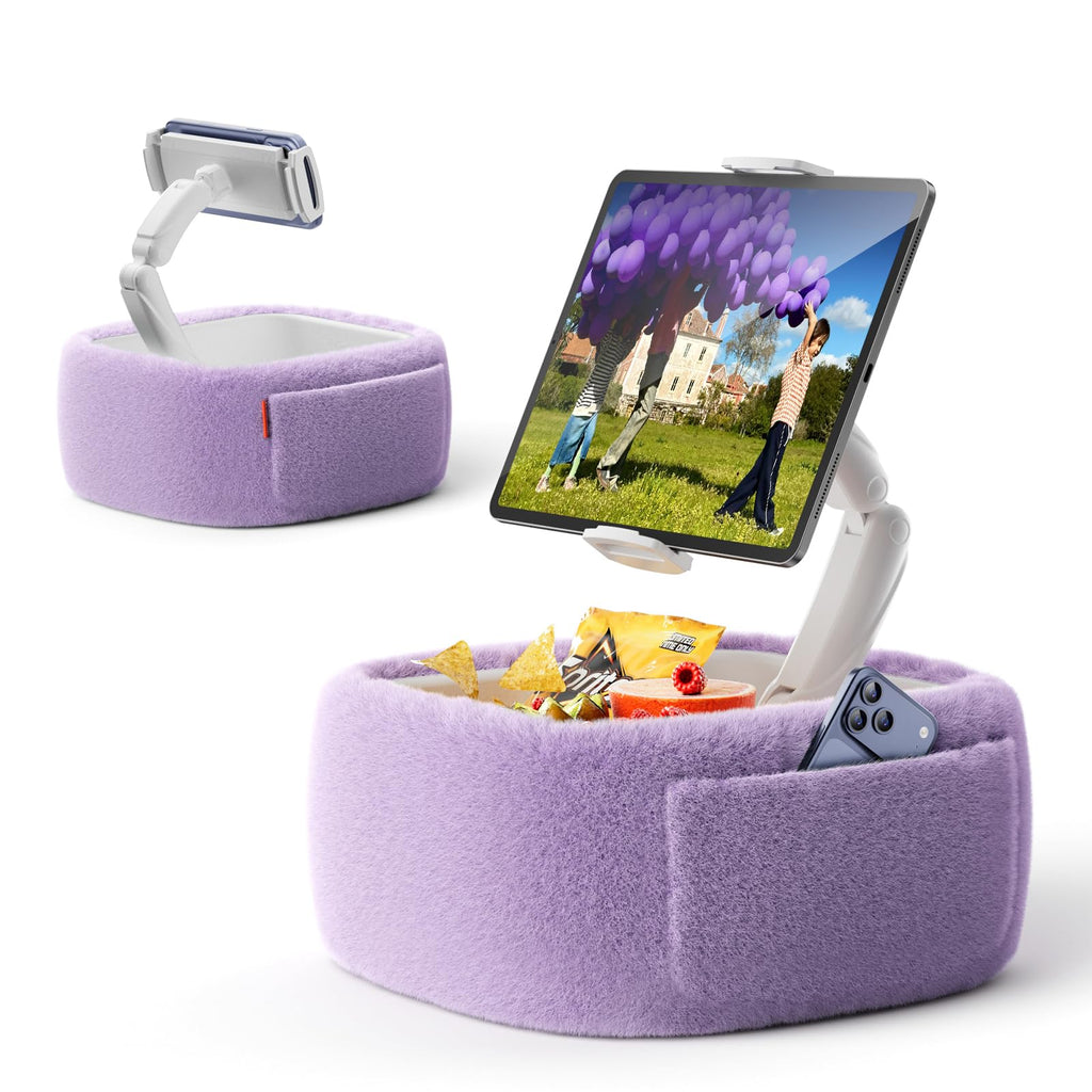 LULULOOK Tablet Pillow Stand, Compatible with iPad, iPhone and 4.7-14.6”Tablet, 360° Adjustable Kindle Pillow Stand for Bed with Ultra Fluffy Fabric & Snack Bowl (Cloudy White)