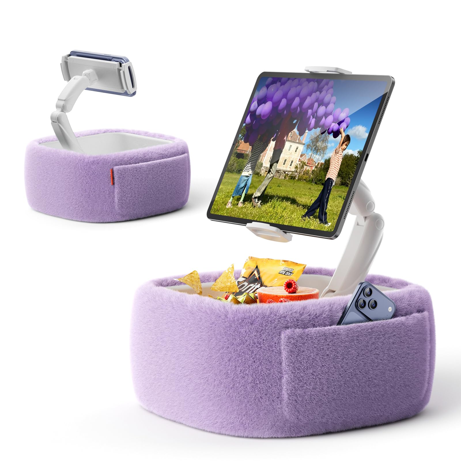 LULULOOK Tablet Pillow Stand, Compatible with iPad, iPhone and 4.7-14.6”Tablet, 360° Adjustable Kindle Pillow Stand for Bed with Ultra Fluffy Fabric & Snack Bowl (Cloudy White)