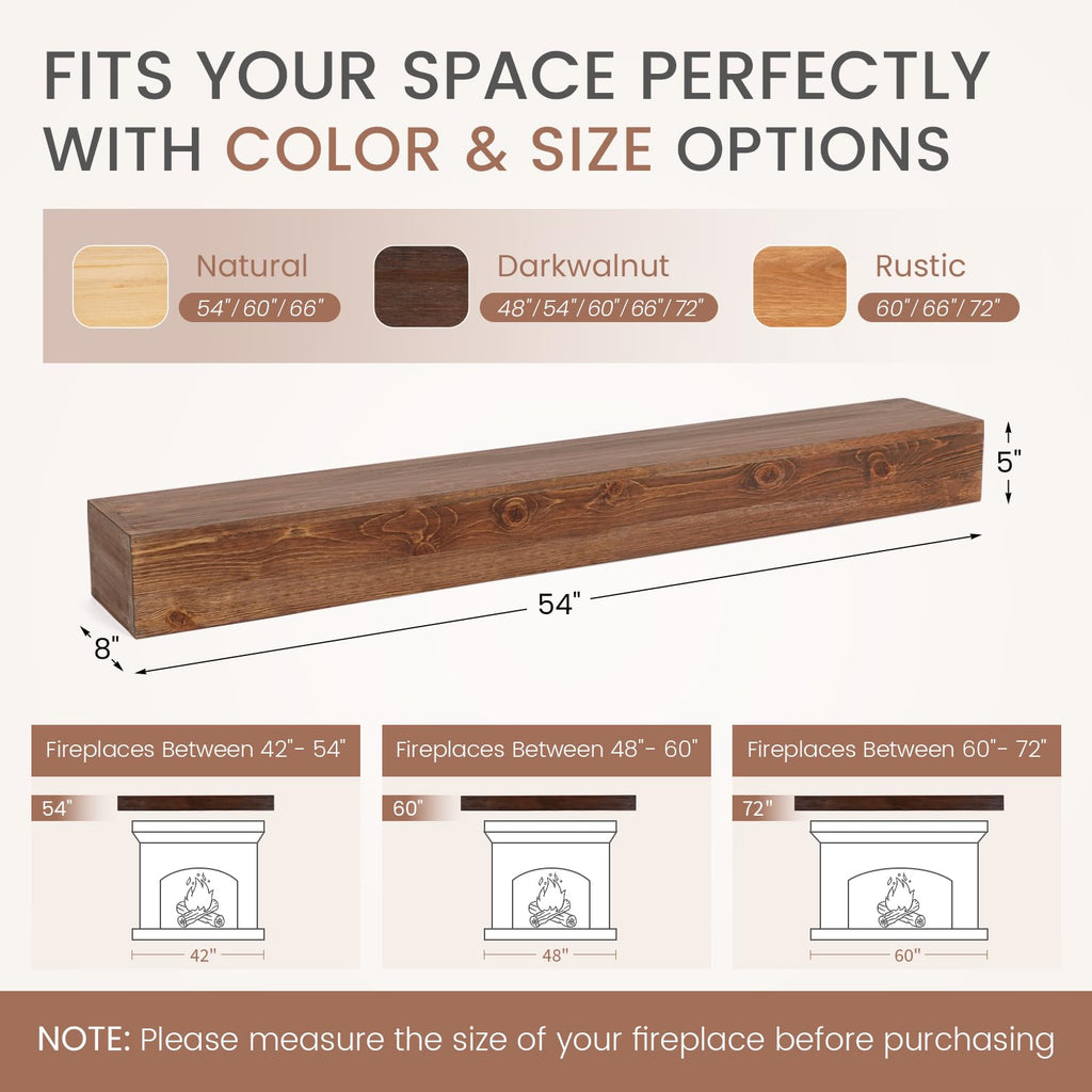 G GOOD GAIN Fireplace Mantel 54inch - Handmade Rustic Wood Mantel for Over Fireplace | Wall Mounted Floating Mantle Shelves for Living Room Decor(Chocolate, 54Lx5Hx8D)