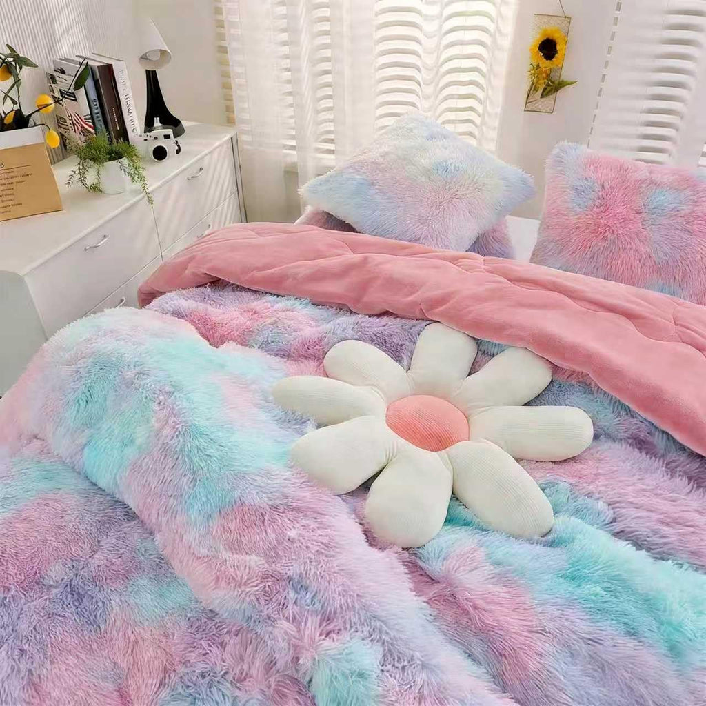Faux Fur Kids Girls Purple Rainbow Comforter Sets Twin/Full - 3PC Bed Set Warm Comfortable Soft Plush Flannel Velvet Fluffy Fuzzy Bedding（Comforter x 1 Pillowcases x 2）