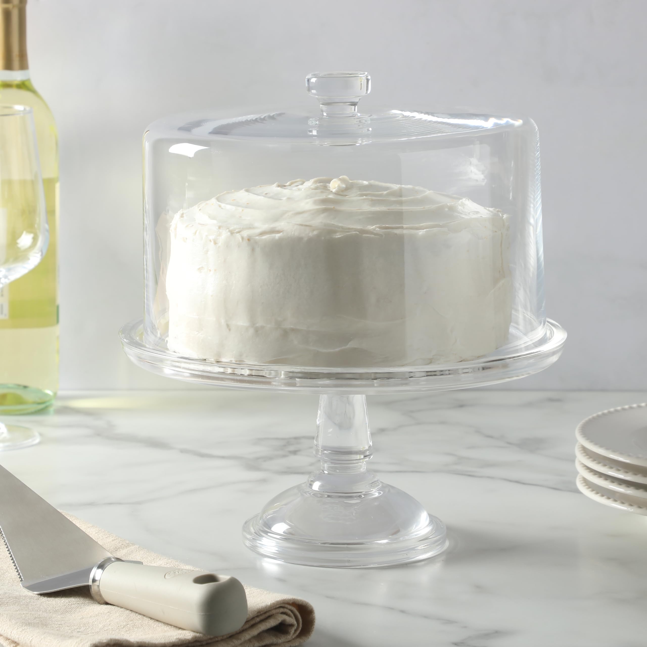 Martha Stewart Watercrest Glass Cake Stand, 10.2 Inch Footed Pedestal Cake Plate with Scalloped Ruffled Edge, Clear Handmade Glassware for Weddings, Parties, and Dessert Display