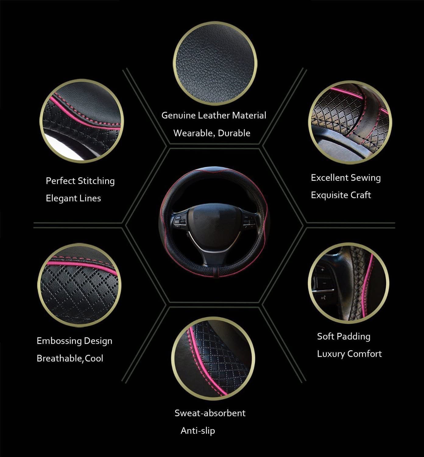 Car Steering Wheel Cover, Anti-Slip, Safety, Soft, Breathable, Heavy Duty, Thick, Full Surround, Sports Style (Black)