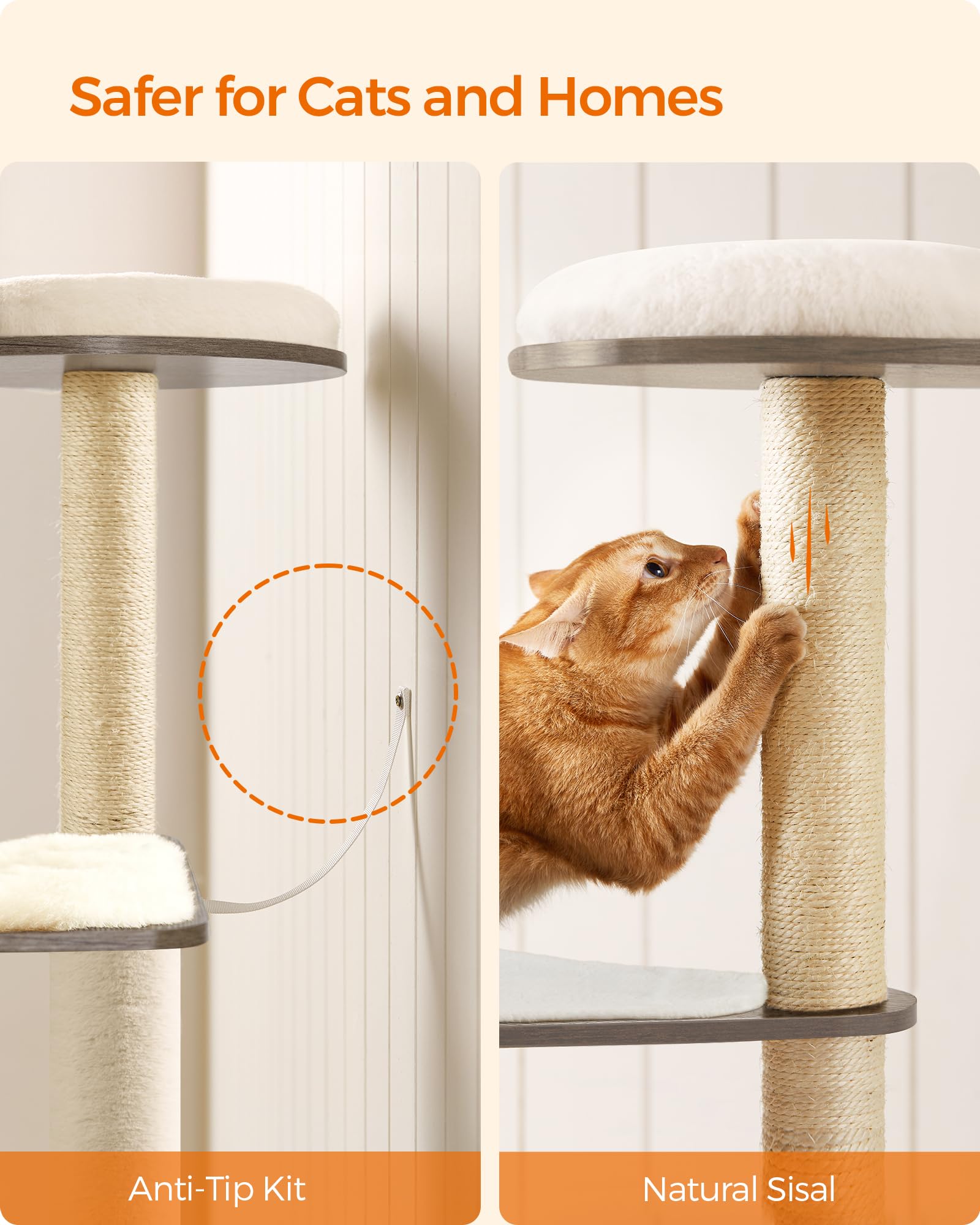 Feandrea Cat Tree, 65-Inch Modern Cat Tower for Indoor Cats, Multi-Level Cat Condo with 5 Scratching Posts, Perch, Washable Removable Cushions, Cat Furniture, Cloud White UPCT166W01