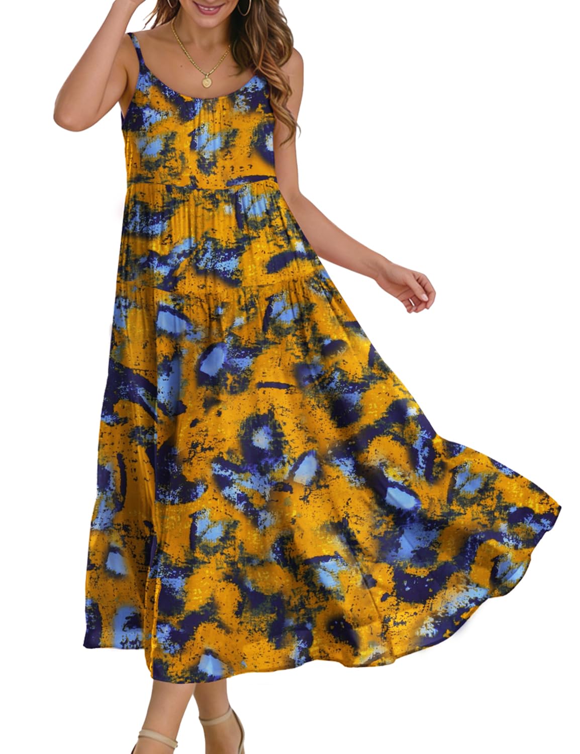 YESNO Summer Bohemian Floral Dresses for Women Spaghetti Straps Maxi Dress Casual Flowy Dresses with Pockets ES0