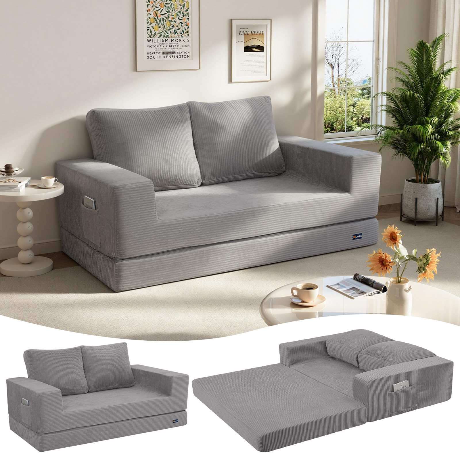 COMAX Futon Sofa Bed, 4‑in‑1 Convertible Sofa Bed, Folding Boneless Couches | Boneless Couch for living room, Fold Out Small Foldable Loveseat Floor Sleeper Mattress Lounge Space‑Saving, Ash Gray