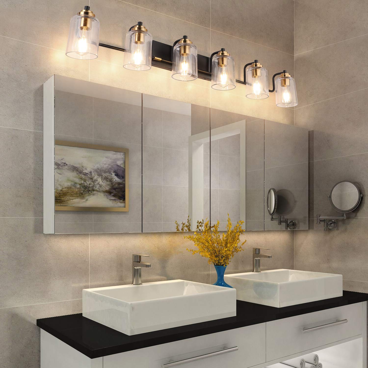 SOLFART 20.1 Inch Black Vintage Bathroom Vanity Light Fixtures Fixtures with Modern Glass Globe Shade Metal Brass Wall Lamp 2 Lights