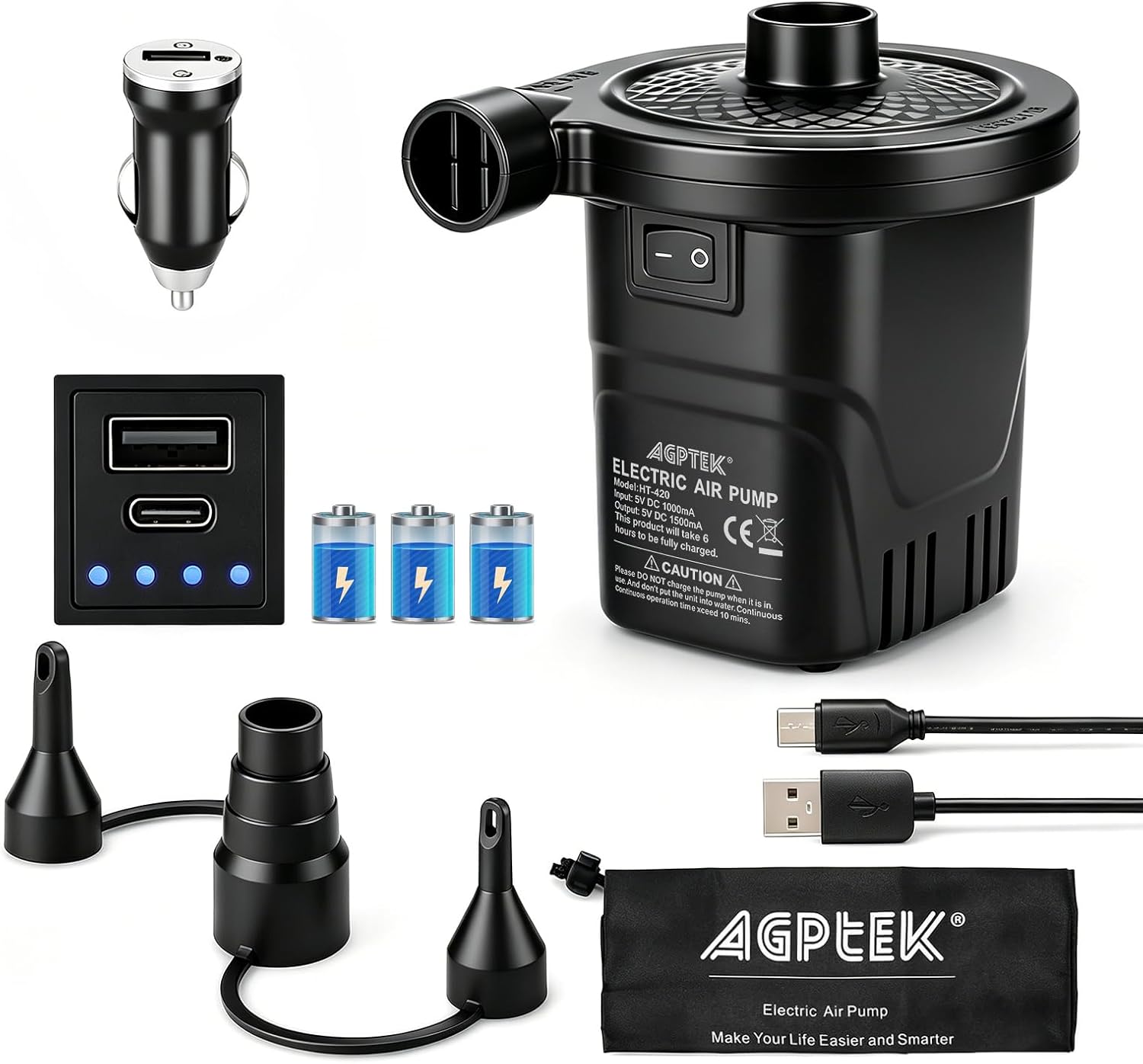 AGPTEK Rechargeable Air Pump, Electric Air Pump 4000mAh Battery Quick-Fill Inflator & Deflator with 3 Nozzles, Lightweight & Portable Perfect for Air Beds, Air Mattresses, Pool Toys & Inflatable