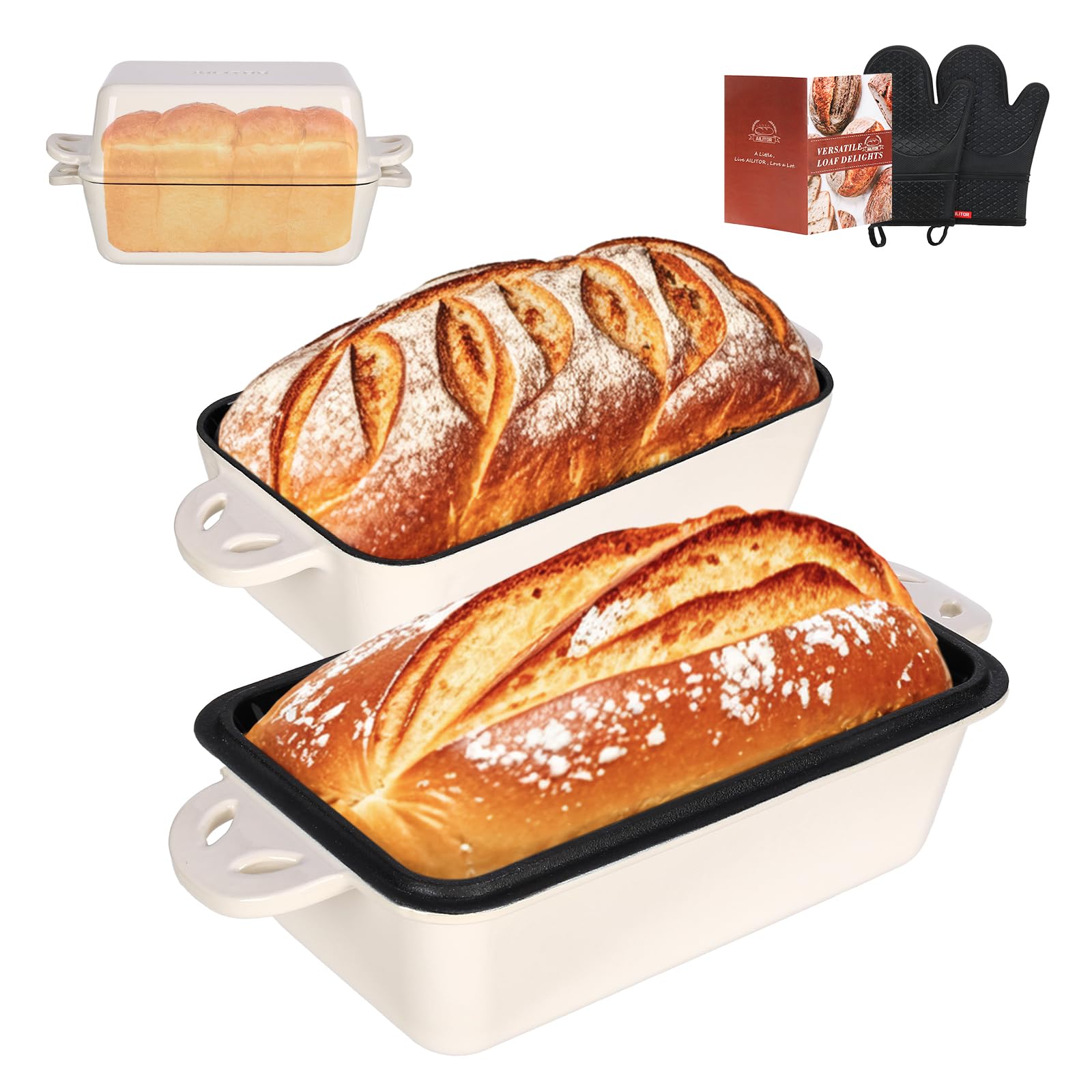 AILITOR 9x5 Enameled Cast Iron Loaf Pan with Lid - 2 in 1 Sourdough Bread Pan for Homemade Baking