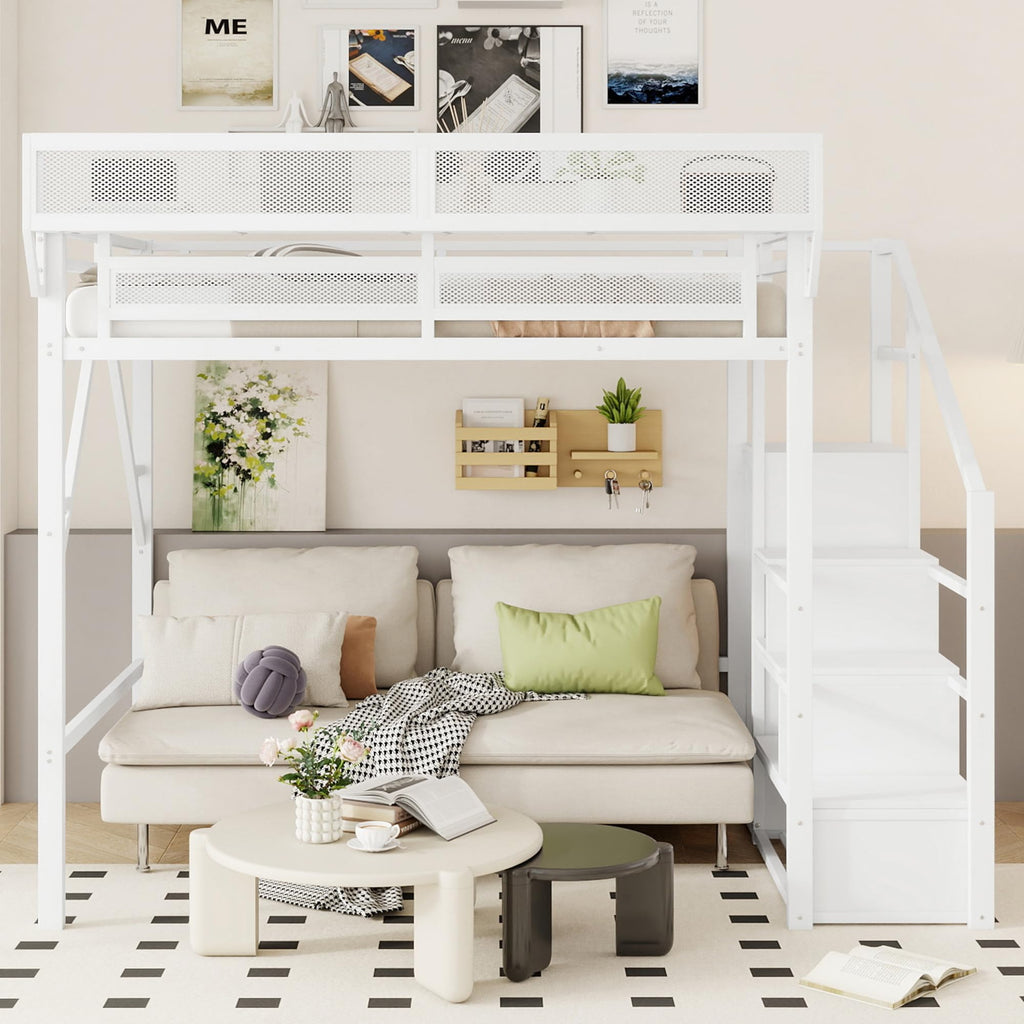 Mirightone Full Size Loft Bed with Stairs, Metal Loft Beds, High Loft Bed Frame with Storage Shelves, Lofted Full Bed with Wardrobe for Kids and Teens, No Box Spring Needed (Black)