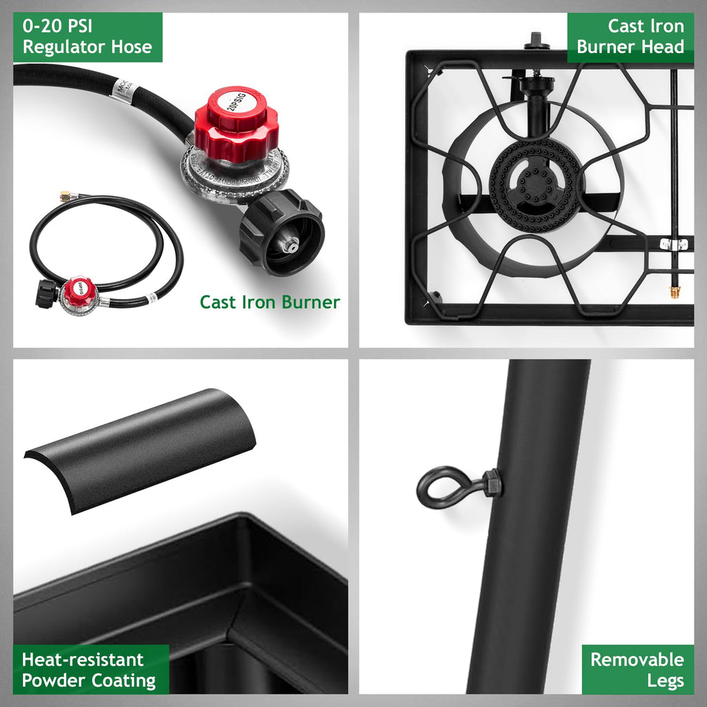 Outvita 2 Burner Propane Gas Stove for Outdoor Cooking, 150,000 BTU Camping Cooker with Removable Legs, Temperature Control Knobs for Backyard Cooking, BBQ, Baking and Frying