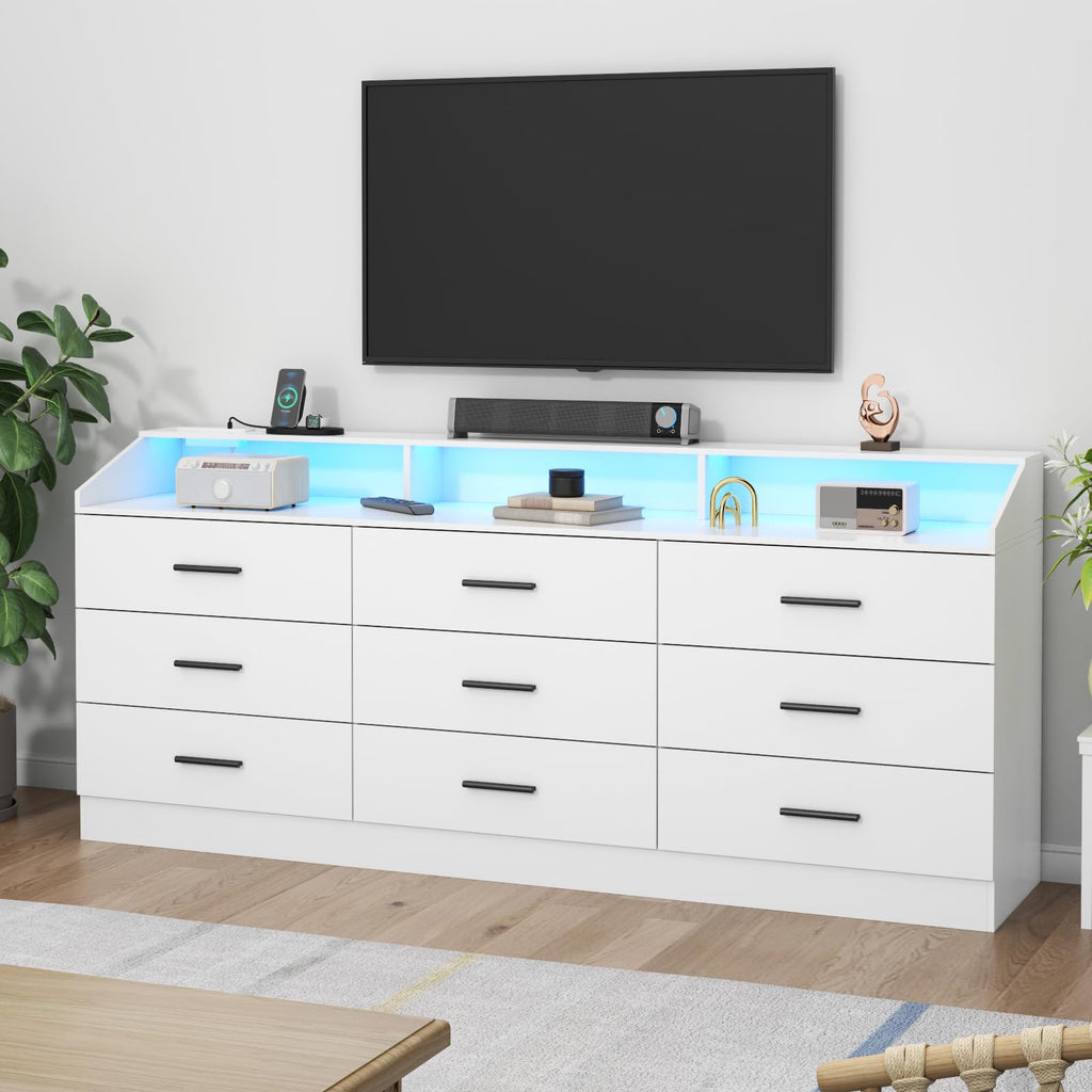 Gyfimoie 9 Drawers Dresser for Bedroom with Power Outlet, Chest of Drawers with LED Light, Modern Dressers with Open Storage Cubby, Triple Wide Dressers Organizer for Living Room (Black-)