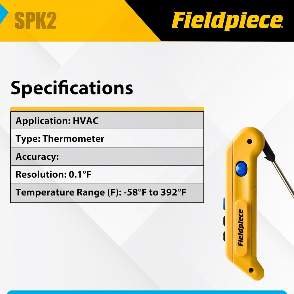 Fieldpiece SPK2 Pocket Thermometer – Folding Probe Digital Temperature Meter with Extended Reach - Backlit Display - Fast-Response Tip for HVAC/R