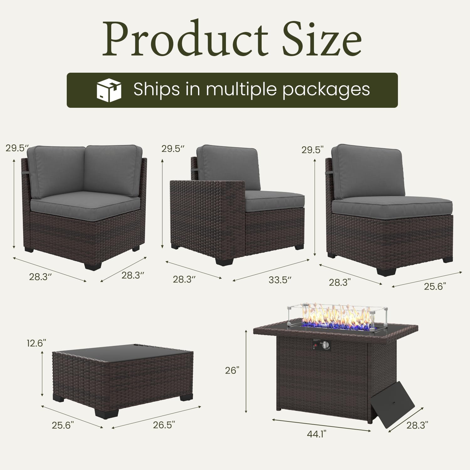 LayinSun 7 Pieces Outdoor Patio Furniture Set with 44" Fire Pit Table Rattan Sectional Sofa Conversation Sets