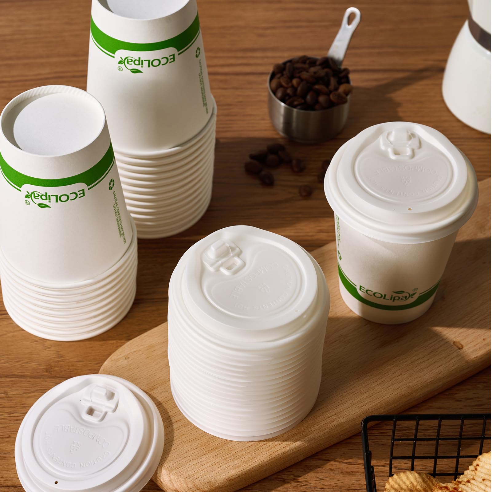 ECOLipak 100 Count 12 oz Compostable Paper Coffee Cups, Biodegradable Disposable Coffee Cups with CPLA Lid, Eco-friendly Hot Drinking Cups for Party, Picnic, Travel, and Events