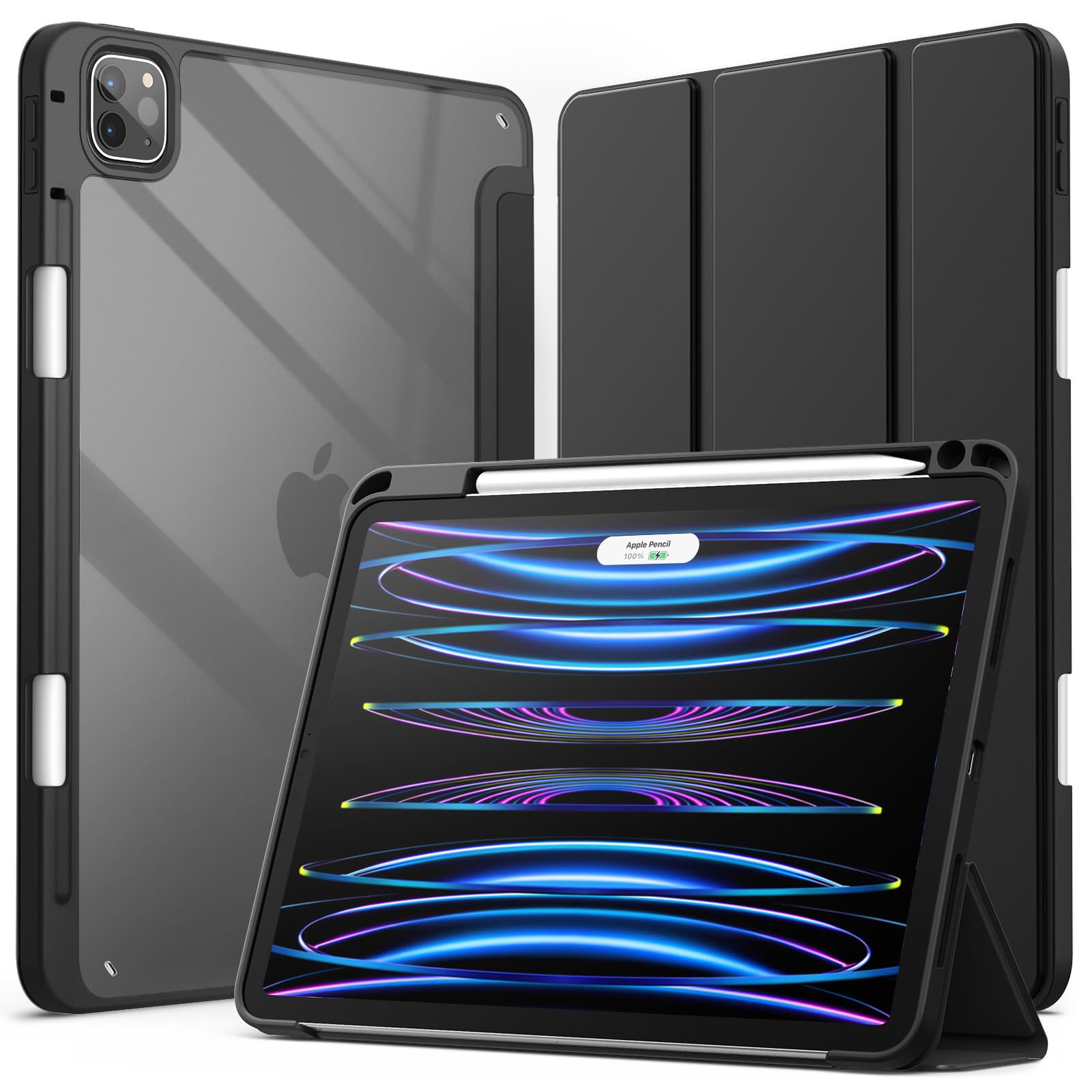 JETech Case ONLY for iPad Pro 11 Inch (2022/2021/2020/2018) with Pencil Holder, Clear Transparent Back Shell Slim Stand Shockproof Tablet Cover, Auto Wake/Sleep (Black)