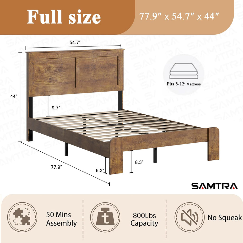 Wooden Bed Frame Full Size with Headboard, Farmhouse Platform Bedframe with Wood Slat Support, Sturdy Framework Bed Frame, Easy Assembly (Rustic Black)