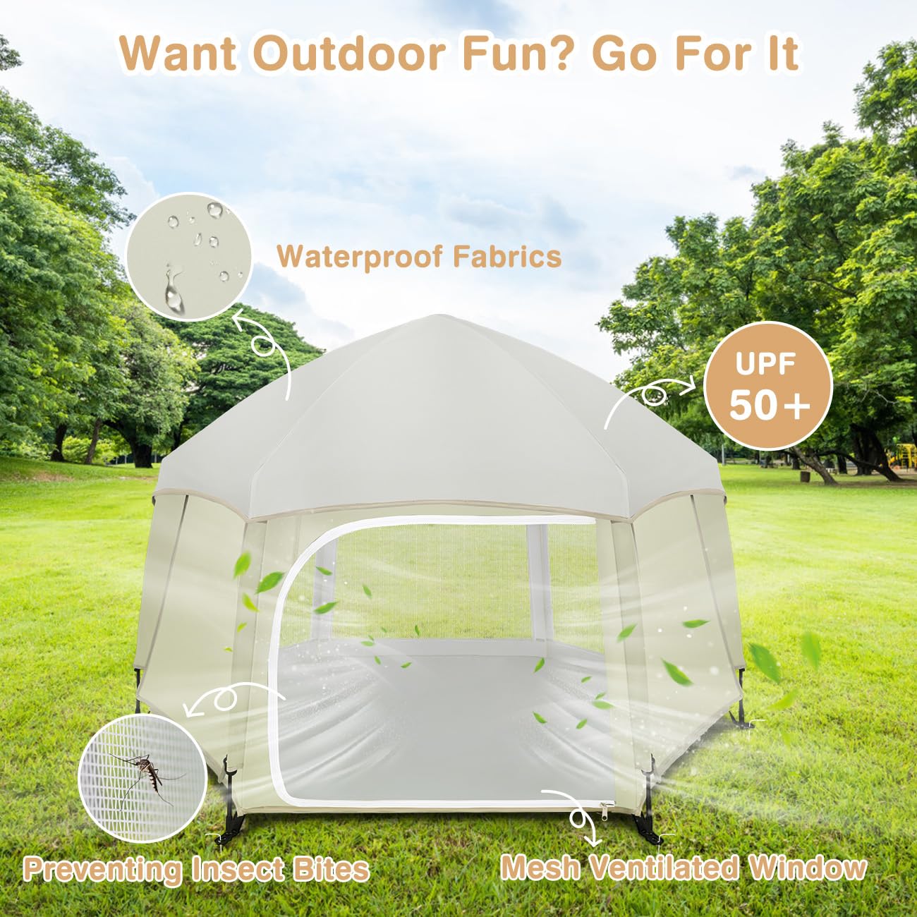 Pop Up Playpen for Baby, Portable Playpen for Babies and Toddlers with Removable Sun-Shades& 2 Side UV Covers, Lightweight Outdoor Baby Play-Pen for Beach Home with Travel Bag, Beige
