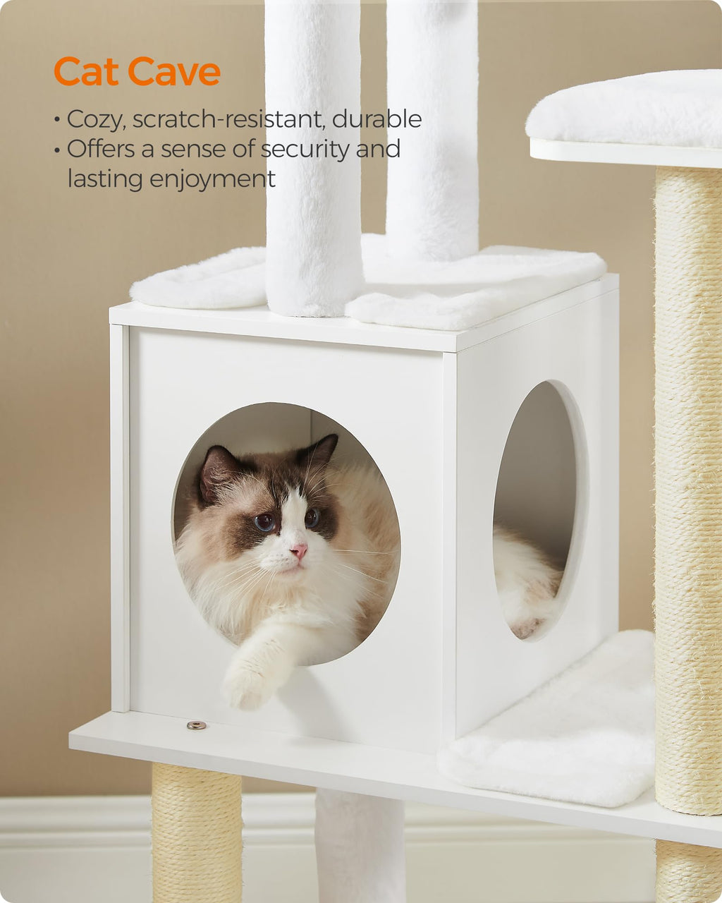 Feandrea Cat Tree, 65-Inch Modern Cat Tower for Indoor Cats, Multi-Level Cat Condo with 5 Scratching Posts, Perch, Washable Removable Cushions, Cat Furniture, Cloud White UPCT166W01