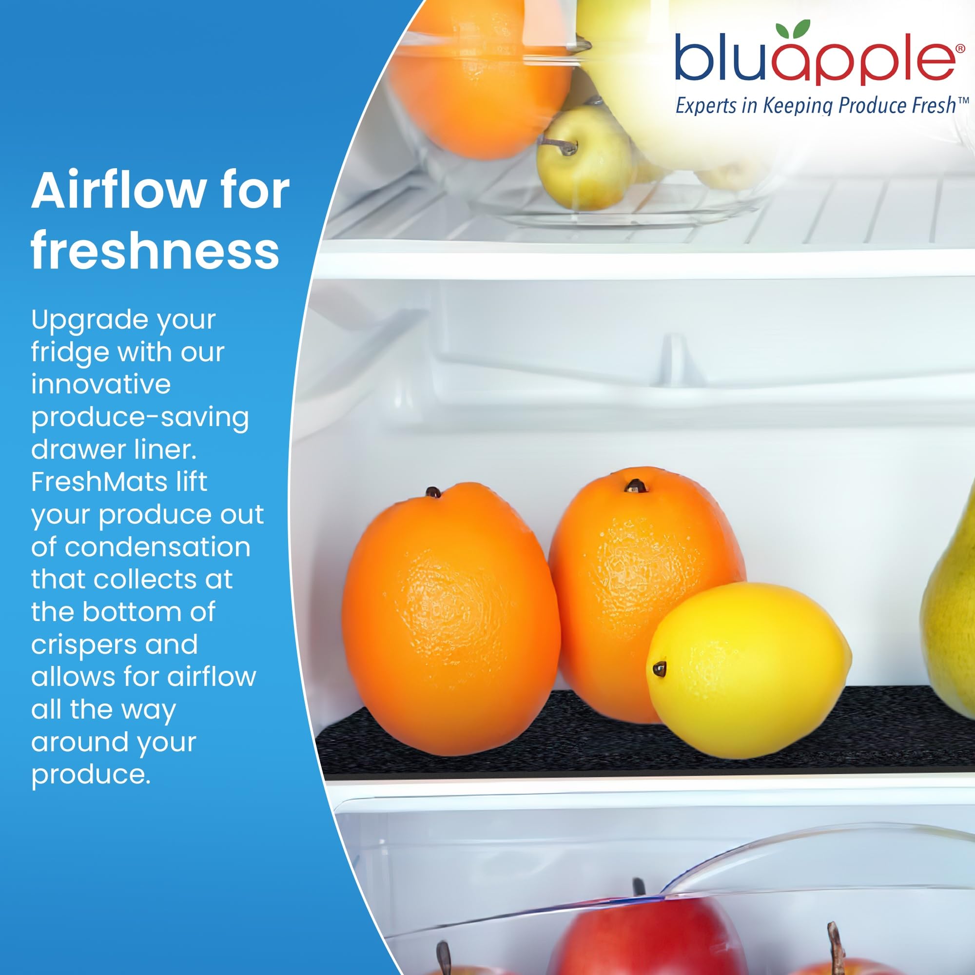 Bluapple FreshMats, Refrigerator Bin Liner, Fridge Drawer Mats, Crisper Life Extender Liner Keeps Produce Fresh Longer, Anti-Bruising, for Air Circulation, Washable & Reusable (4-Mats, 12x15, Black)