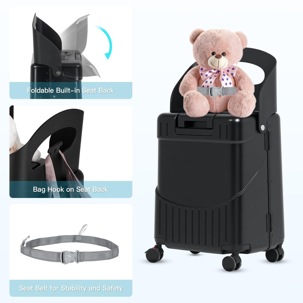 smilesun 20" Carry On Luggage with Seat For Kids & Adults，Hardside Ride On Suitcase Front Opening with 360°Spinner and TSA Lock For Travel (Black with Front Open, 20")