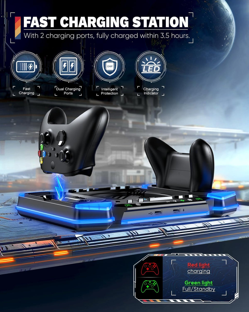 Top Auto Cooling Fan & Charge Stand for Xbox Series X Console with 11 Light Modes, Accessories Controller Wireless Charger Dock, 2*1400mAh Rechargeable Batteries, Headset Stand & Game Disc Storage
