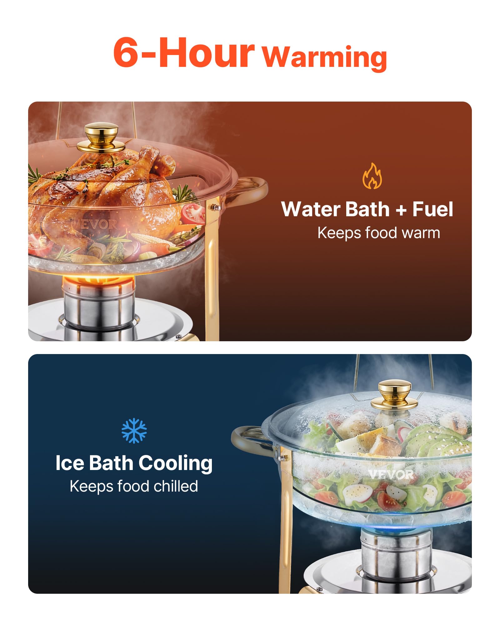 VEVOR Chafing Dish Buffet Set, 5 Qt 4 Pack, Stainless Steel Chafer with 4 Full Size Pan, Round Catering Warmer Server with Glass Lid Water Pan Folding Stand Fuel Holder, for Wedding Banquet, Gold