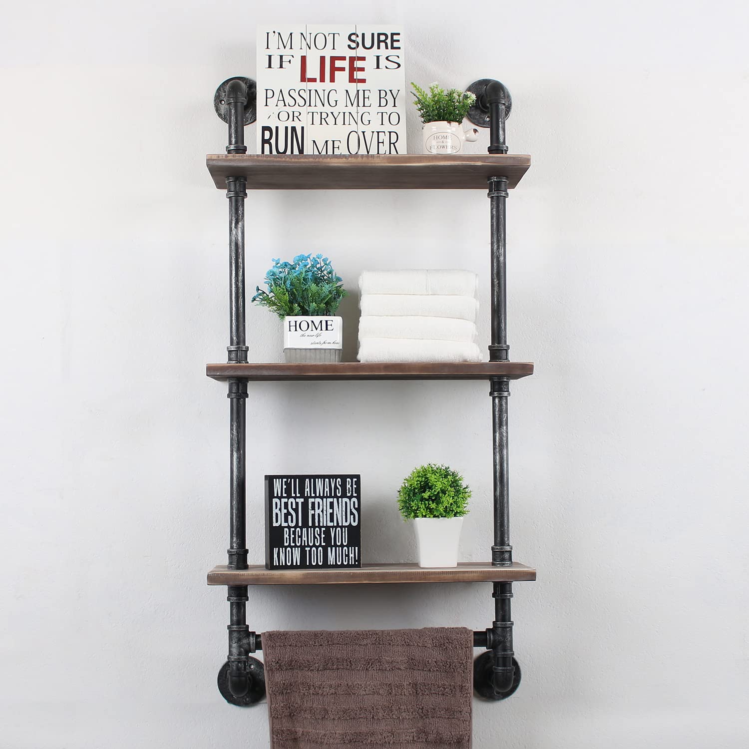 MBQQ Industrial Pipe Shelf Bathroom Shelves Wall Mounted,19.6in Rustic Wood Shelf with Towel Bar,1 Tier Farmhouse Towel Rack,Pipe Shelving Floating Shelves Towel Holder,Black & White
