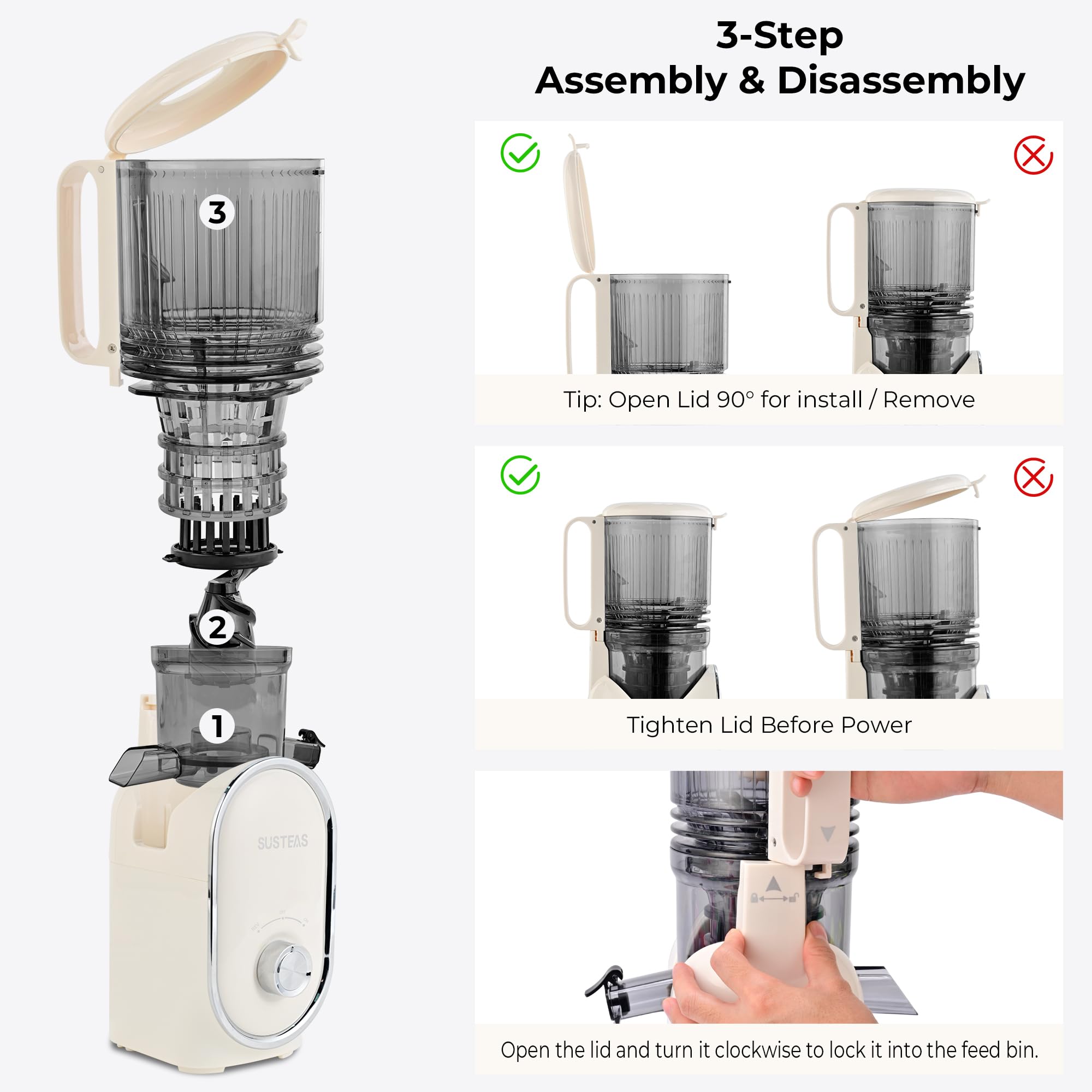 SUSTEAS Cold Press Juicer, 5.3" Feed Chute Slow Masticating Machines with 300W, Fit Whole Fruits & Vegetables, High Juice Yield, Easy to Clean, White