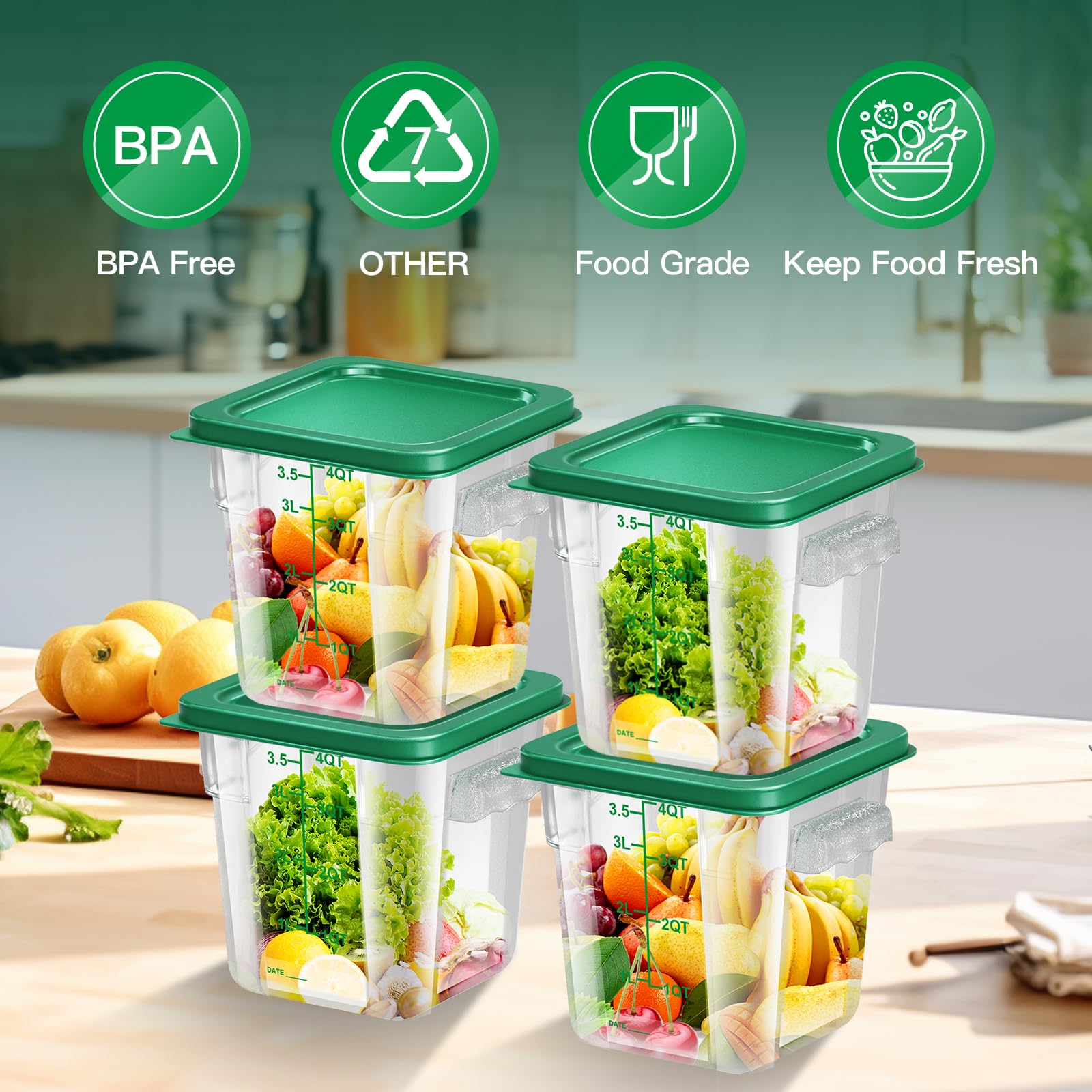 6 pcs 2qt Food Storage Containers with Lid, Square Clear Commercial Storage Containers with Handle and Scale for Food Storage in Home Kitchen & Dining (Green)