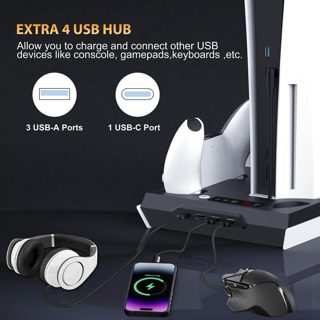 PS5 / PS5 Slim Cooling Station with Dual Controller Charging Station, PS 5 Cooling Stand for PlayStation 5 Console, Headset Holder/ PS 5 Cooling Fan/4 USB Hub All in One Accessories Organizer, Black