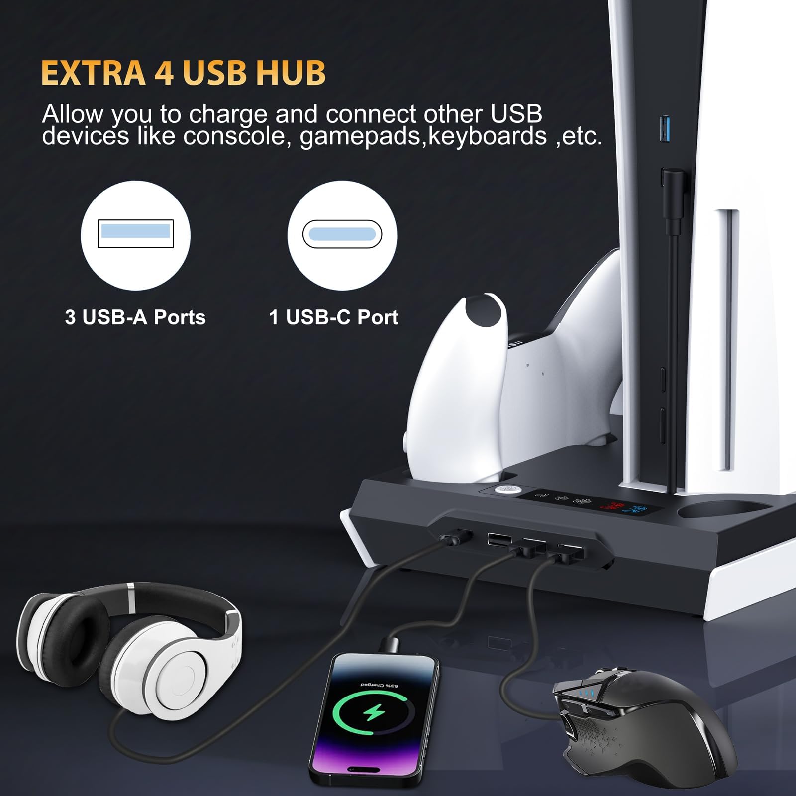 PS5 / PS5 Slim Cooling Station with Dual Controller Charging Station, PS 5 Cooling Stand for PlayStation 5 Console, Headset Holder/ PS 5 Cooling Fan/4 USB Hub All in One Accessories Organizer, Black
