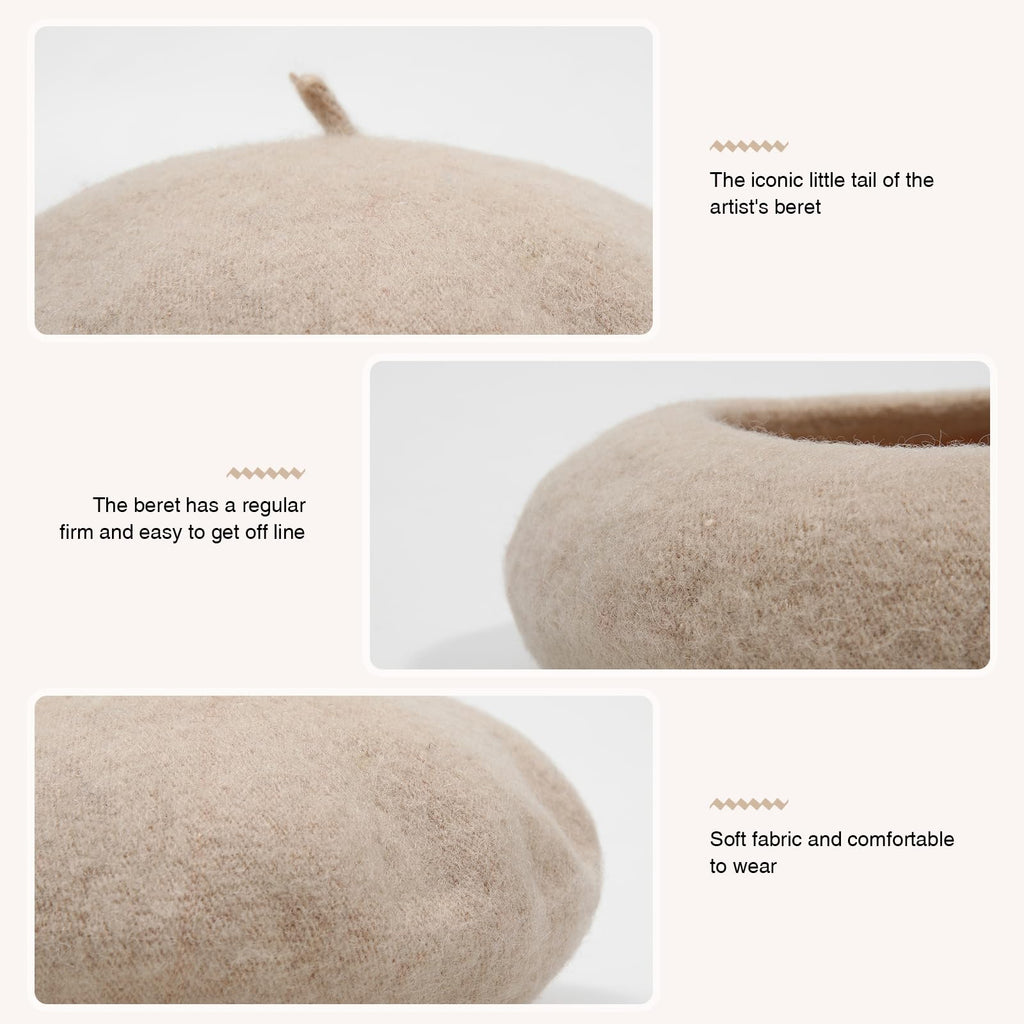 Women French Wool Beret Hats - Solid Color Classic Beanie Winter Cap
