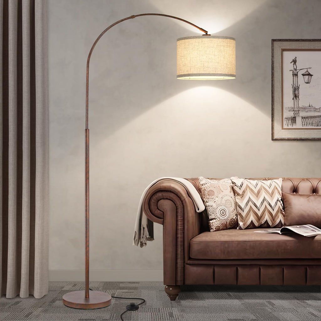 Rattan Floor Lamp, Arc Floor Lamps for Living Room, Farmhouse Standing Lamp with Adjustable Hanging Fabric Shade, Tall Pole Lamp with Foot Switch, Over Couch Arched Reading Light for Bedroom, Office