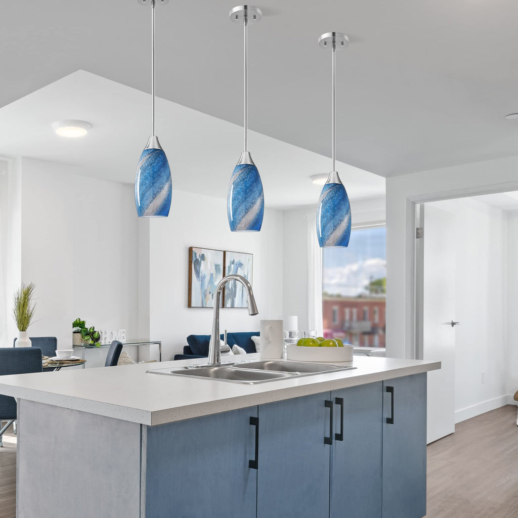 EDISHINE Pendant Light, Hand Blown Hanging Light Fixture, Adjustable Brushed Nickel Rods, 5.12" D x 11.4" H Shade, Blue Glass Pendant Lighting for Kitchen Island, Sink, Bathroom, Dining Room