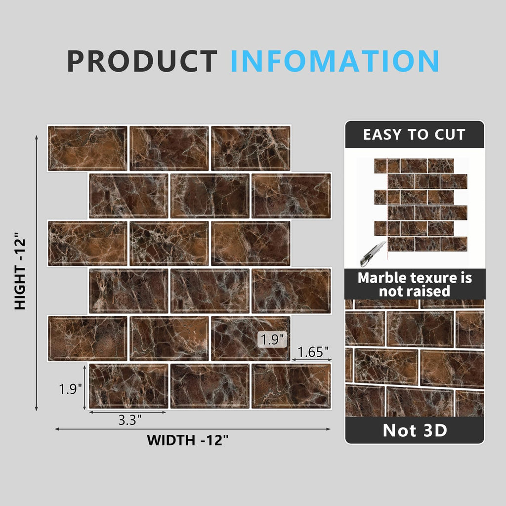 URCOLOR 10-Sheet Back Splashes for Kitchens Peel and Stick,12"x12" Self Adhesive Subway Wall Tiles Stick on backsplash Tiles for Bathroom Black Marble