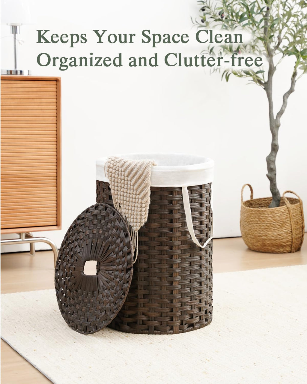 SETVSON Laundry Hamper with Lid Laundry Basket with Lid 19.0 Gal (72 L) Round Wicker Laundry Basket Handwoven Rattan Basket with Lid Removable Bag 2 Mesh Bags Handles for Living Room Bathroom Black