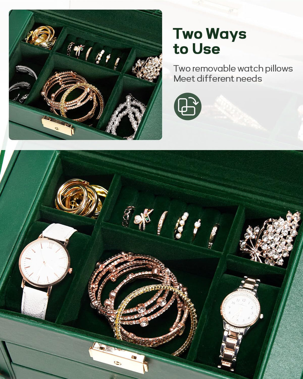 Homde Mothers Day Gifts Synthetic Leather Huge Jewelry Box Mirrored Watch Organizer Necklace Ring Earring Storage Lockable Gift Case (Black + Gold)