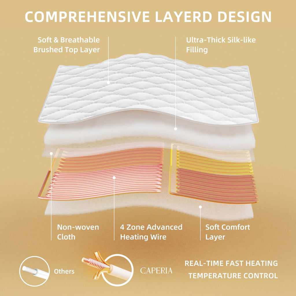 Caperia Heated Mattress Pad Quilted Multizone electric mattress pad Individual Body and Feet Bed Warmer 9 Heat Settings, 1-12 Hours Auto Off, Deep Pocket, Fast Heating, Machine Washable Twin 39''x75''