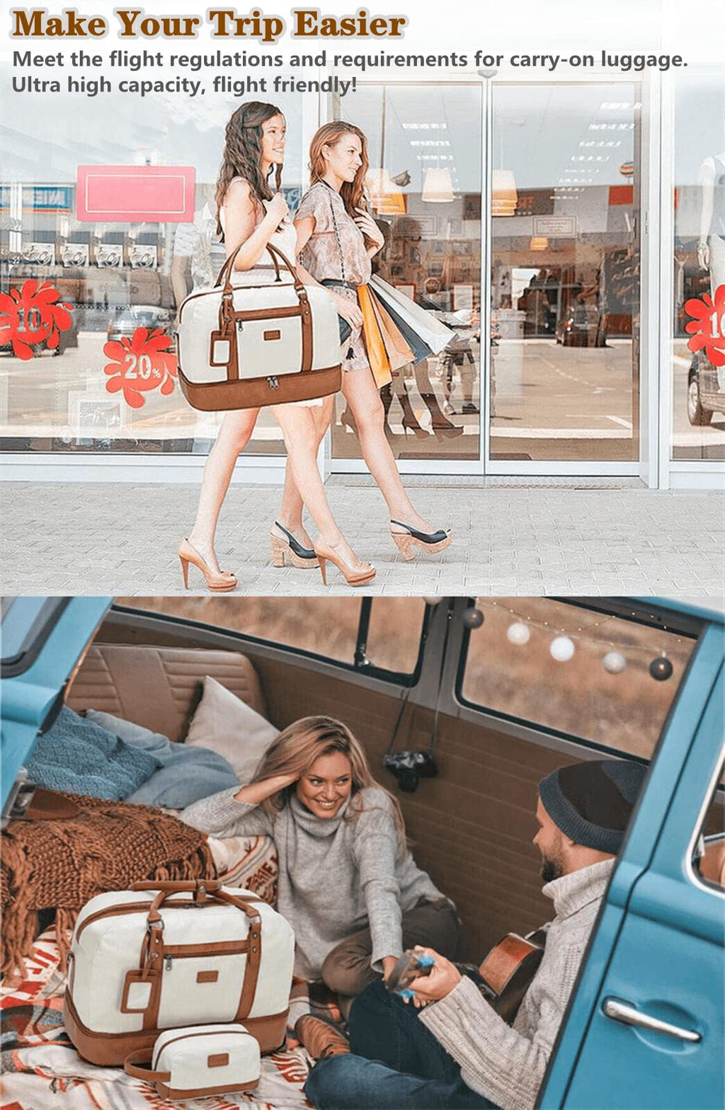 Wogarl 4PCS Weekender Bags for Women Large Overnight Weekend Travel Duffel Carry on Shoulder with Shoe Compartment Canvas Toiletry Bag for Travel Business Gym