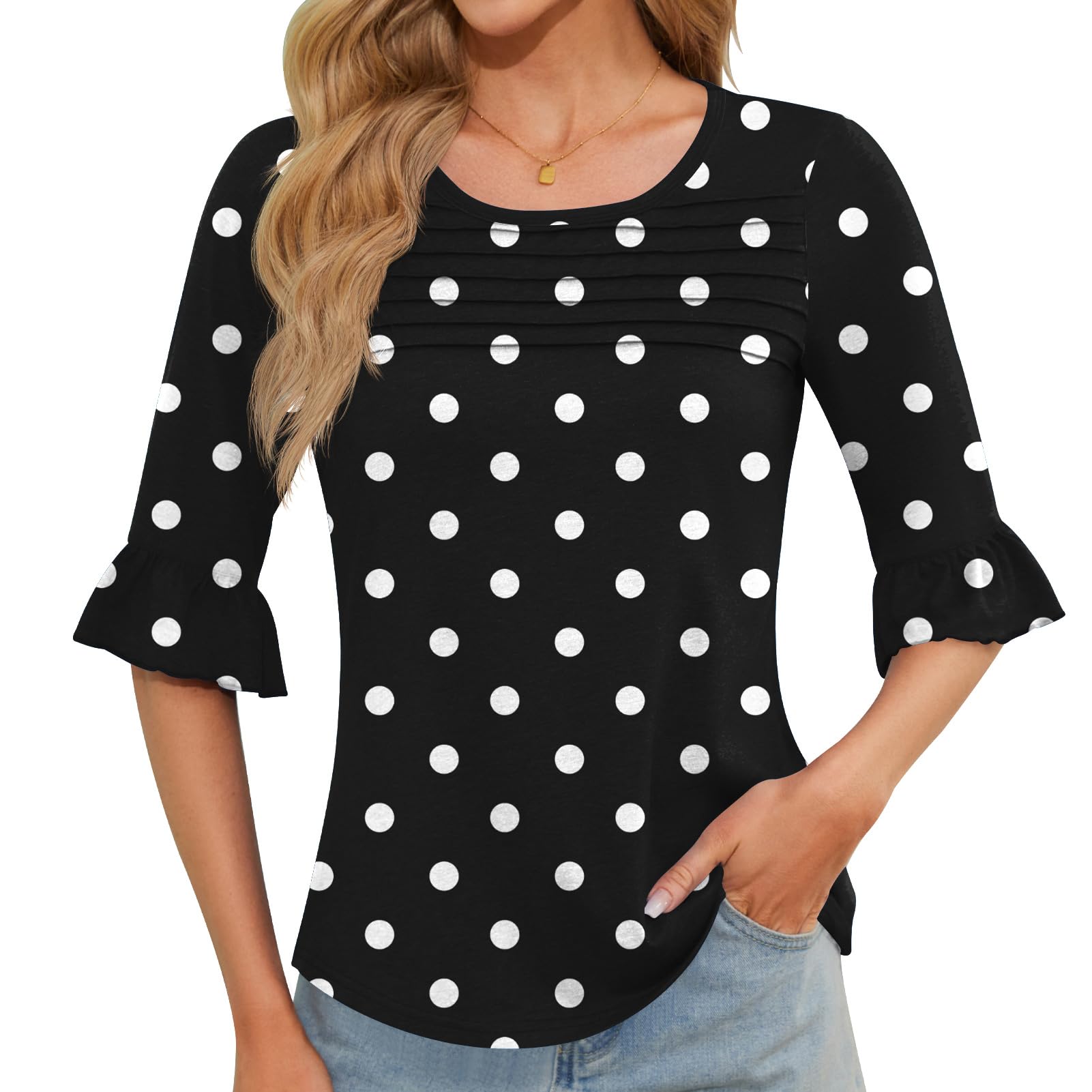 Blingfit Womens Tops 3/4 Length Sleeve Dressy Casual Shirts Bell Sleeve Front Pleated Fasion Trendy Summer Blouses 2026